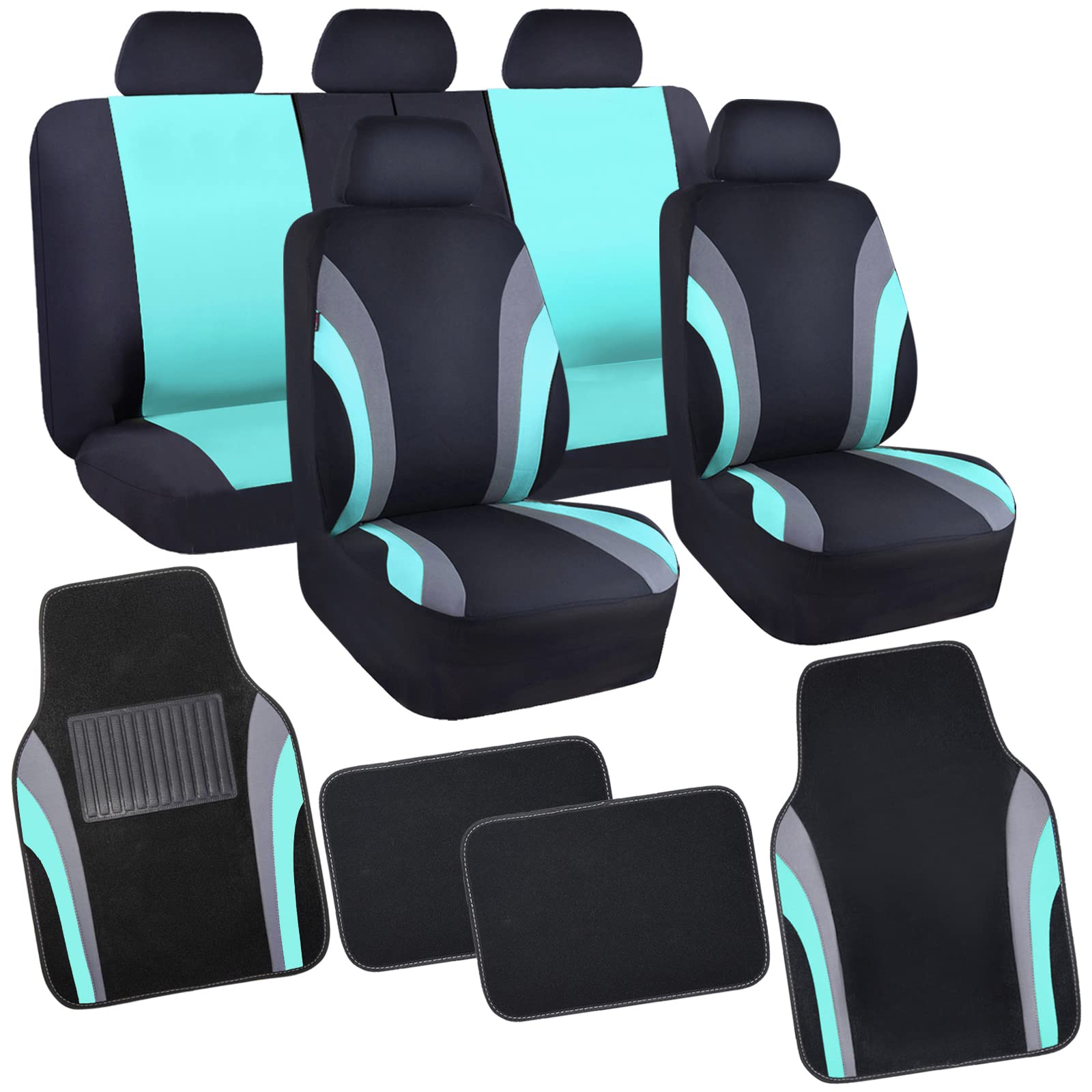 **Universal Waterproof Car Seat Covers & Floor Mats Set (4Pcs) - Airbag Compatible, Durable Automotive Interior Protection for Sedans, Trucks, SUVs & Vans - Sporty Black & Mint Design for Daily Commute, Road Trips & Family Travel**
