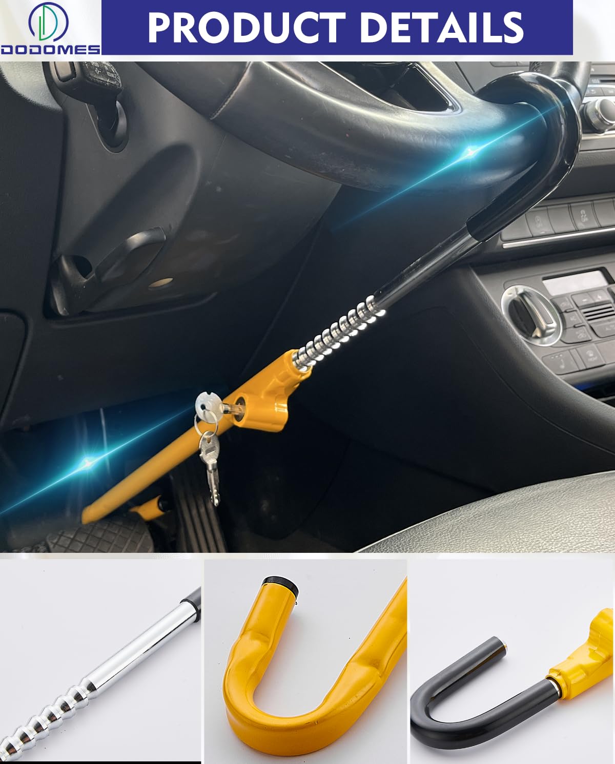Universal Anti-Theft Steering Wheel Lock for Cars - Retractable Hook Design with Pedal Brake Lock | Yellow Security Device for Vehicle Protection | Perfect for Parking Security & Theft Prevention