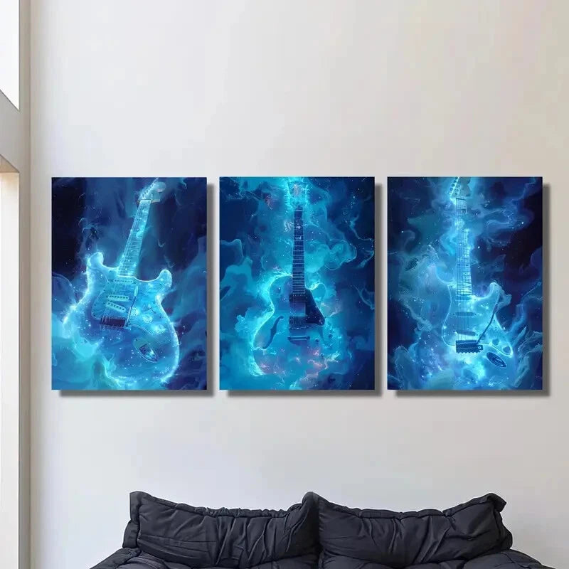 3-Piece Music Wave Poster Set - Guitar Themed Metal Wall Art - Ready to Hang - Perfect for Bedroom, Living Room & Music Studio Decor