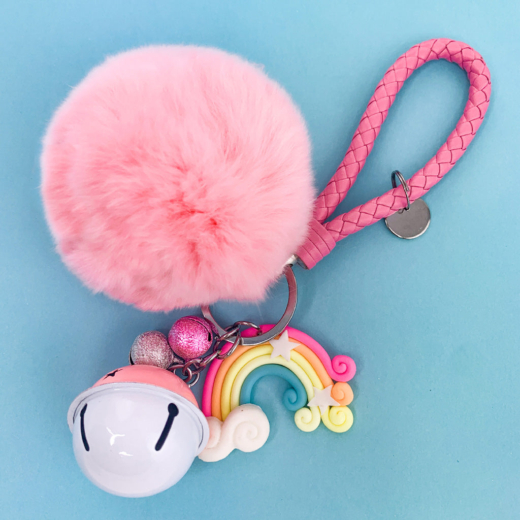Rainbow Pom Pom Keychain - Cute Pink Keyring for Women & Girls - Perfect for Backpacks, Purses, and Gift Giving