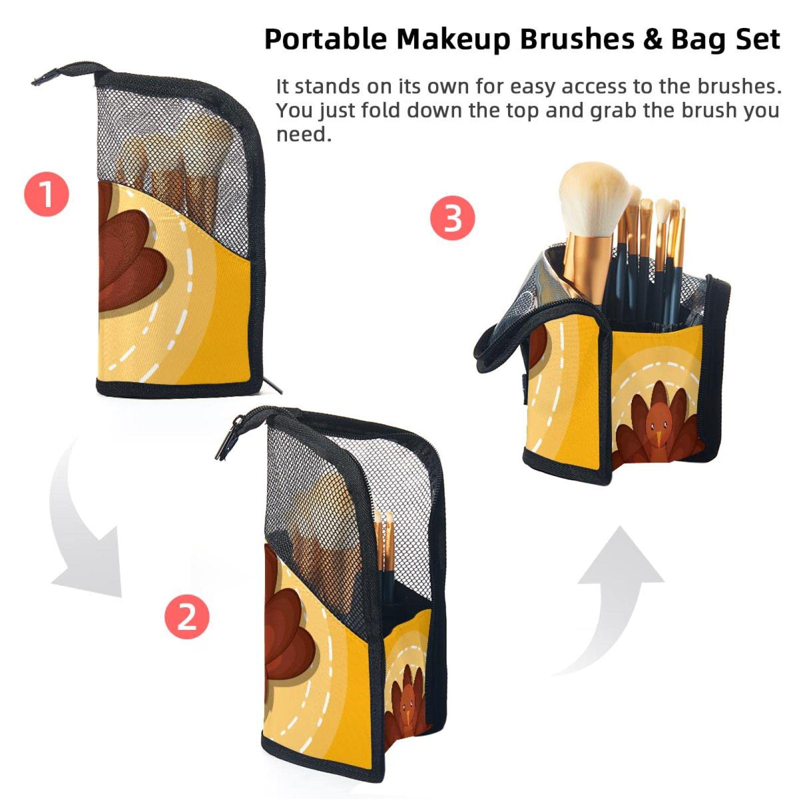 Portable Makeup Brush Organizer Bag with 12 Slots - Kawaii Cartoon Turkey Design - Travel Makeup Brush Holder Case for Home & Travel Storage (Perfect for Makeup Artists & Beauty Enthusiasts)