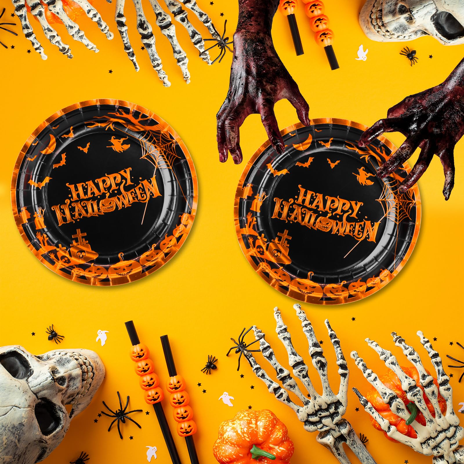 Halloween Party Plates 9 Inch - 50 Pcs Orange Gold Foil Pumpkin Cemetery Bats Disposable Paper Dinner Plates for Halloween Decorations & Party Supplies | Perfect for Spooky Dinner Parties, Trick-or-Treat Events & Haunted House Decor