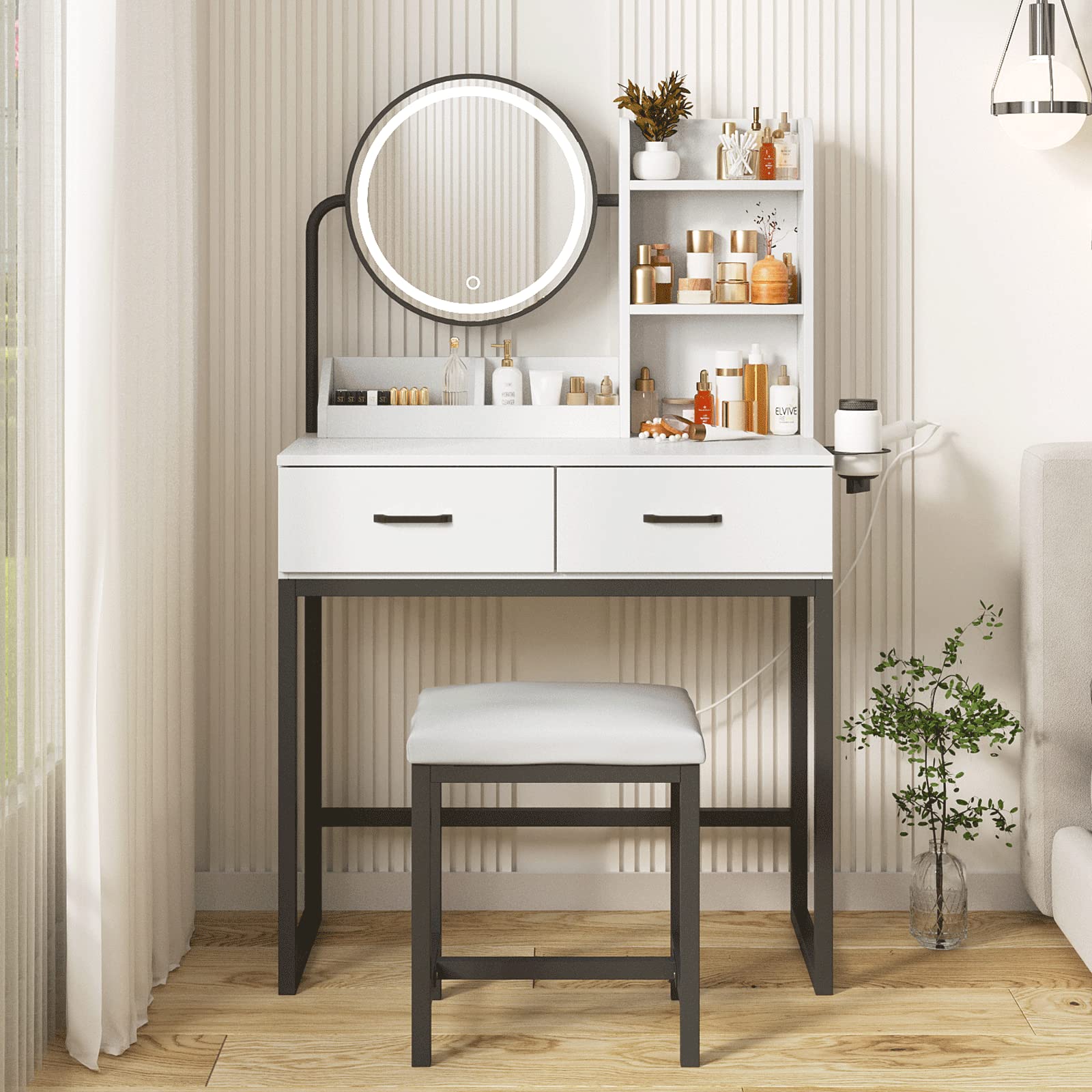 Elegant Makeup Vanity Desk with LED Lights & Mirror - 3 Lighting Modes, Spacious Storage, 31.5 Inch Compact Dressing Table for Bedroom | Perfect for Beauty Routines, Small Spaces & Gift Giving