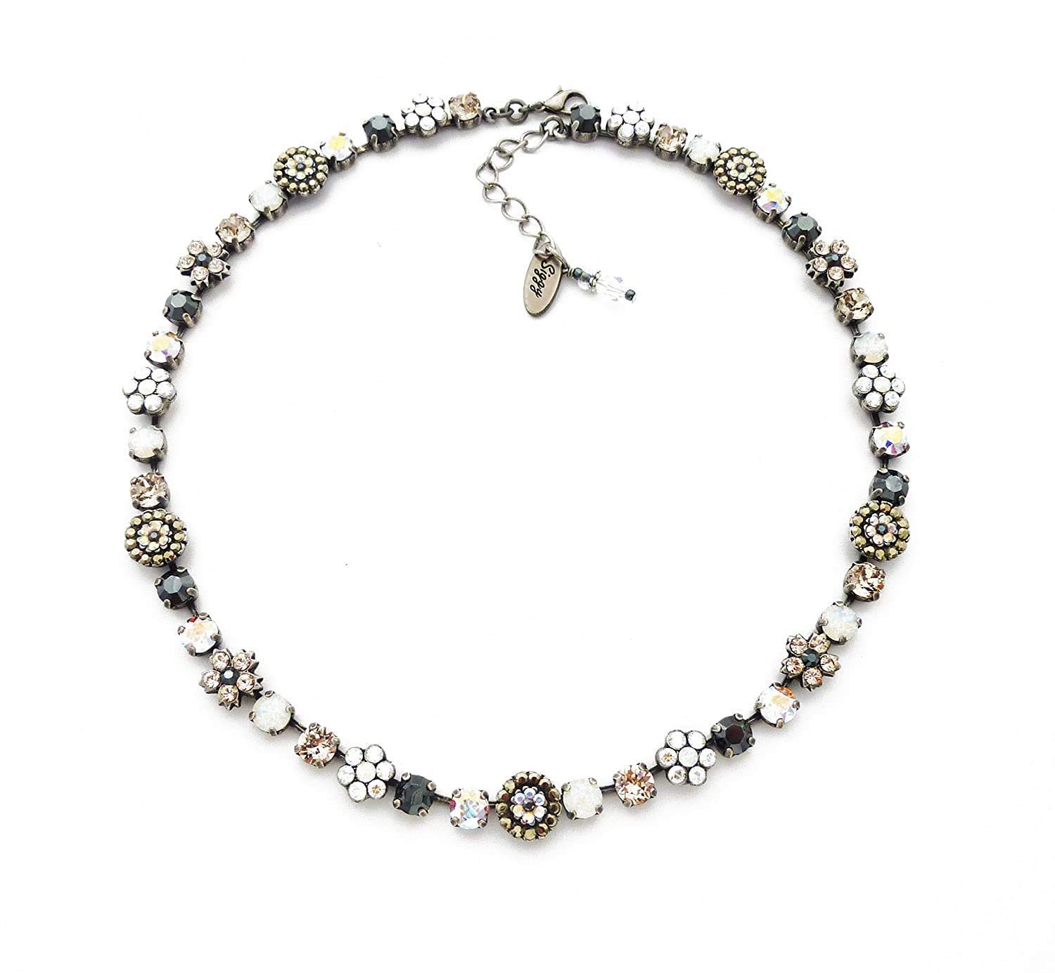 Elegant Austrian Crystal Flower Necklace with Jet Hematite & White Opals in Rose Gold | Ornate Floral Cluster Jewelry for Women | Perfect for Weddings, Date Nights & Special Occasions