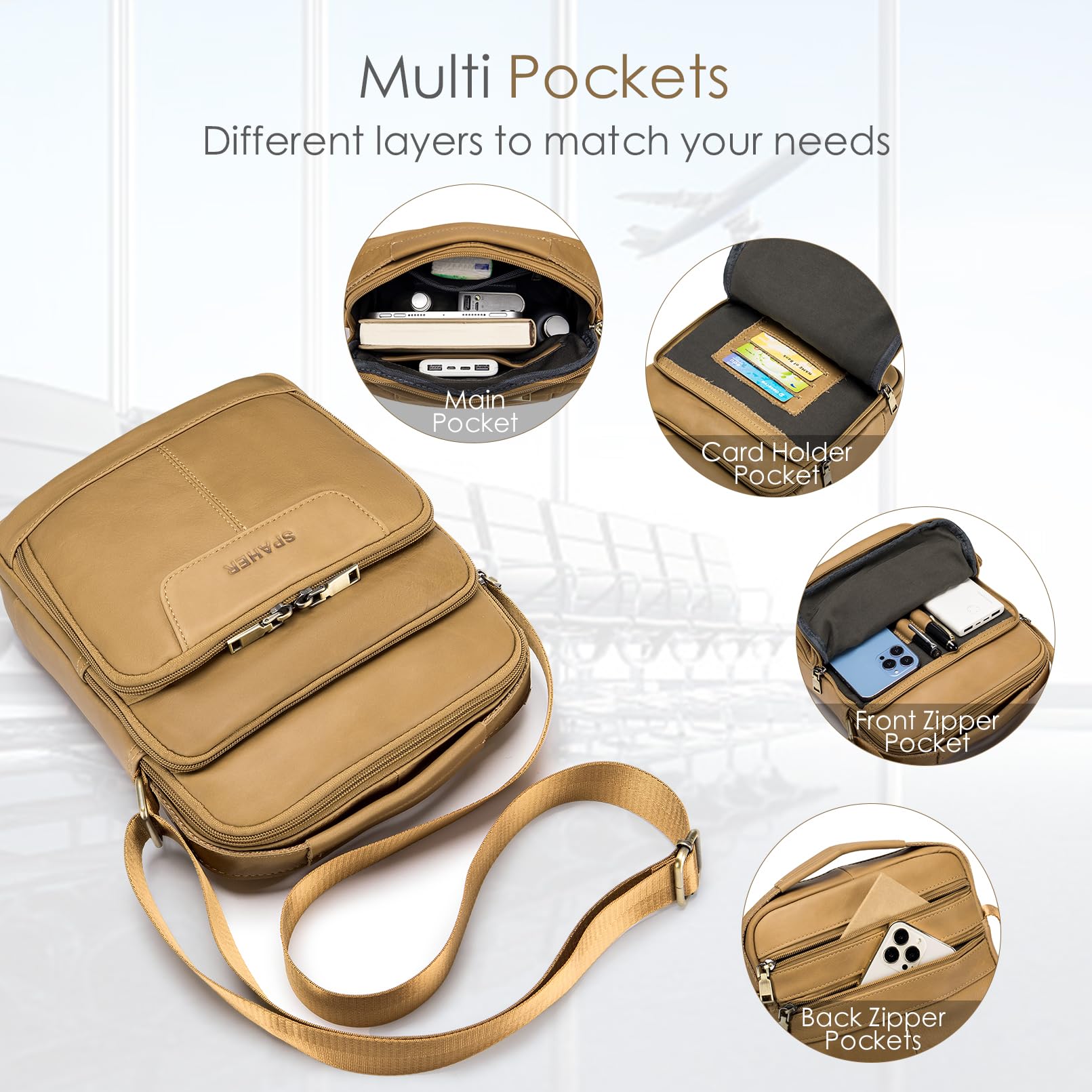 SPAHER Genuine Leather Crossbody Bag for Men - Stylish Messenger Shoulder Bag for Office, School & Travel - Brown - Perfect for Work, Commuting & Daily Use