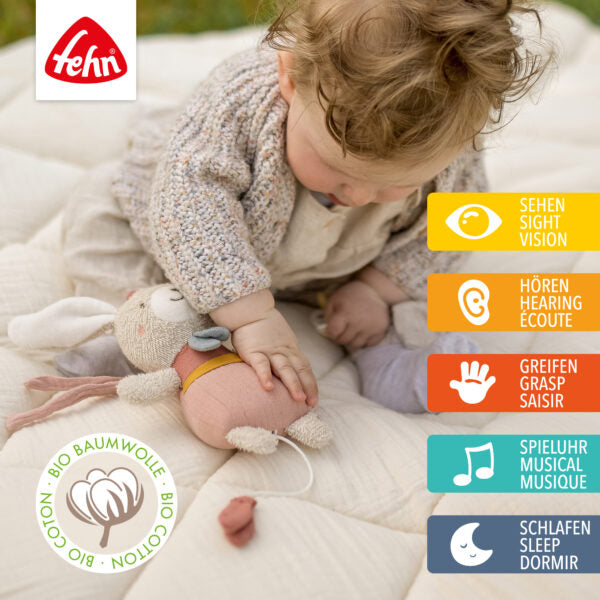 Fehn Mini Musical Hare - Adorable Plush Toy with Soothing Lullabies for Babies & Toddlers | Perfect Nursery Gift, Baby Shower Present & Early Childhood Development