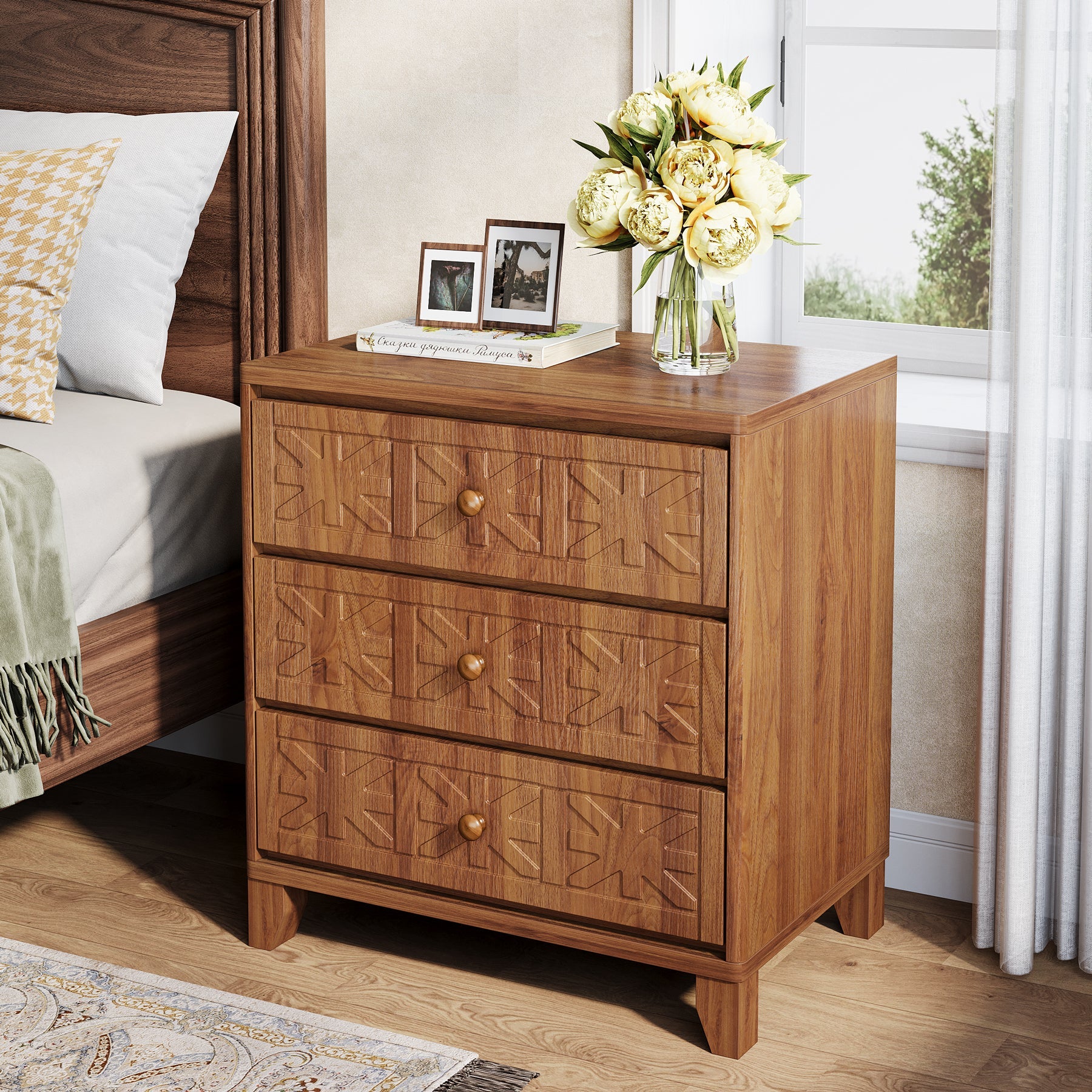 3 Drawer Nightstand - Farmhouse Style Bedside Table with Elegant Carved Patterns, Rustic Bedroom Furniture for Home Decor & Storage - Perfect for Bedroom, Living Room or Guest Room