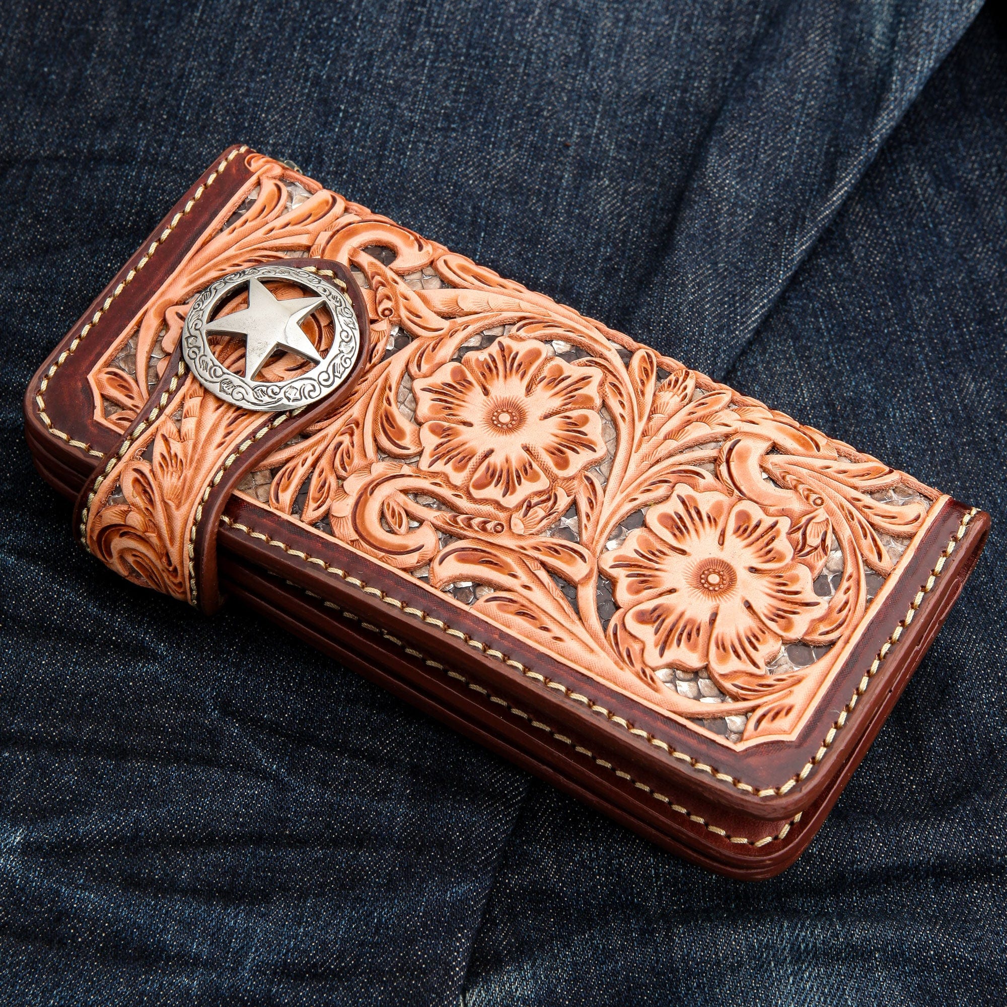 Genuine Leather Western Cowboy Biker Wallet with Brown Floral Star Design - Perfect for Riders, Bikers, and Western Fashion Enthusiasts