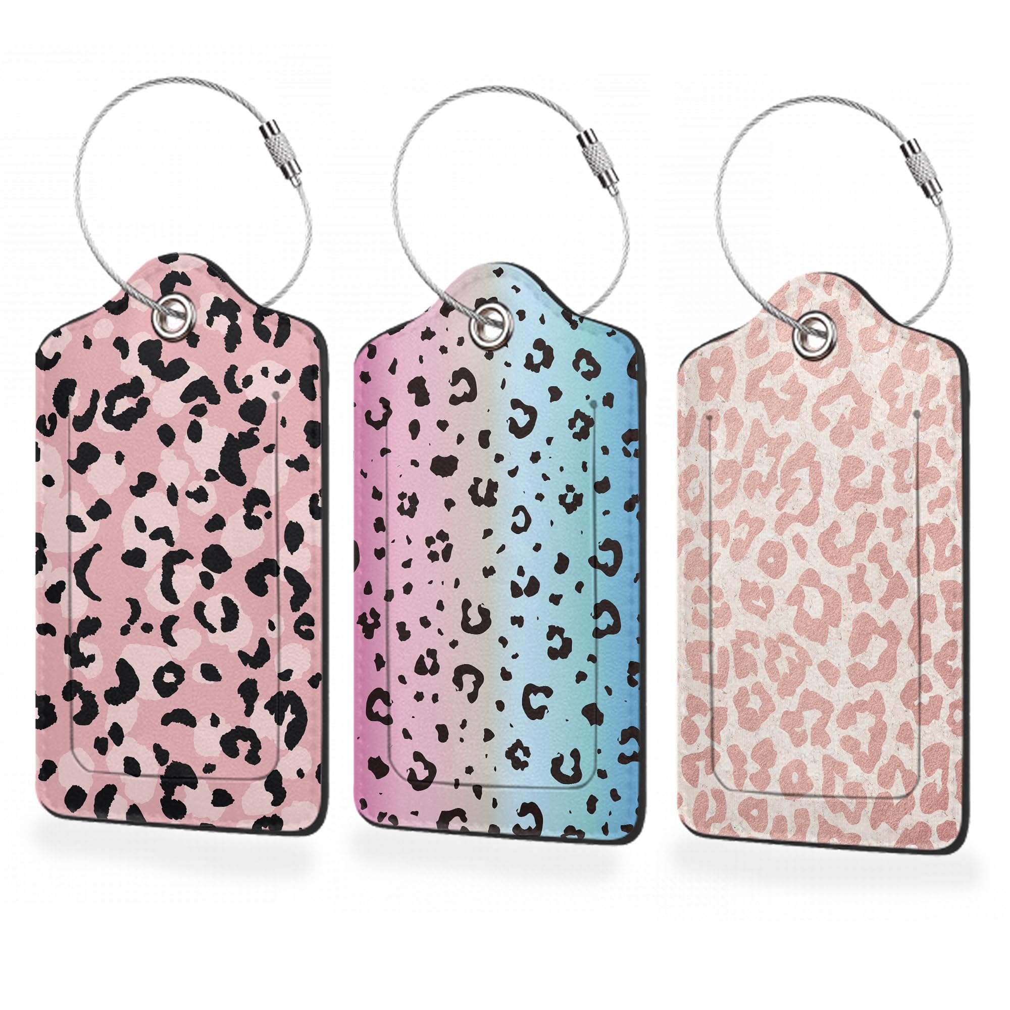 3 Pack Pink Leopard Print PU Leather Luggage Tags - Waterproof Suitcase ID Tags with Privacy Cover & Metal Loop for Travel Bags - Perfect for Airports, Cruise Ships and Business Trips