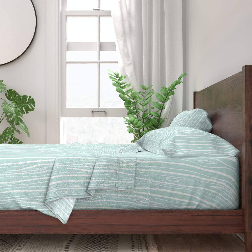 100% Cotton Queen 4-Piece Sheet Set - Woodgrain Mint & Aqua Blue Gender Neutral Print | Soft Breathable Bedding for Nursery, Guest Room & Dorm | Customizable Organic Cotton Sheets