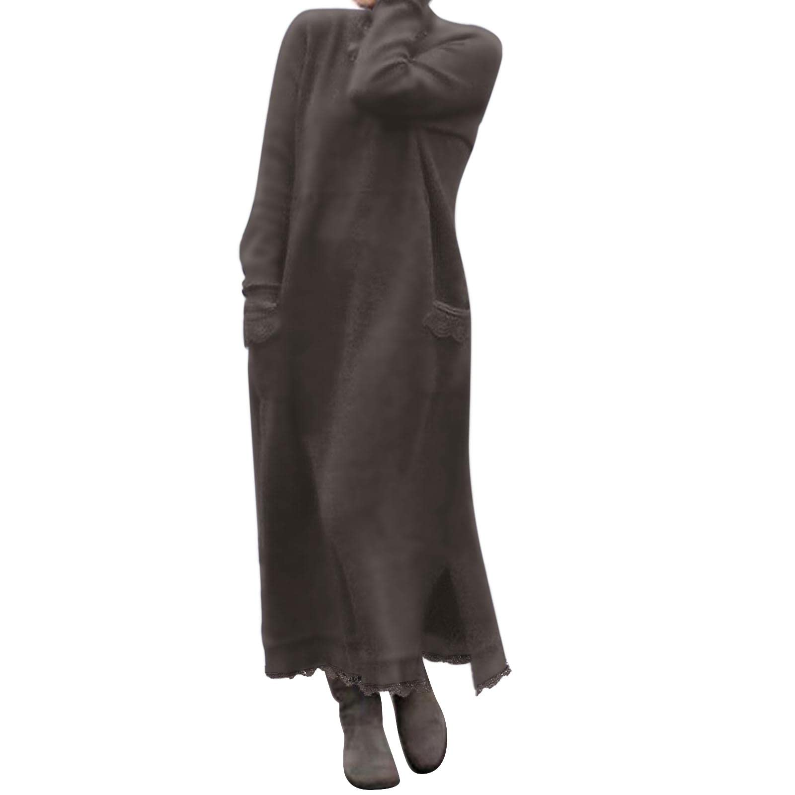 Elegant Long Sleeve Maxi Dress with Pockets for Women - Solid Color Lace Button Front O-Neck Dress - Perfect for Weddings, Parties & Fall/Winter Fashion