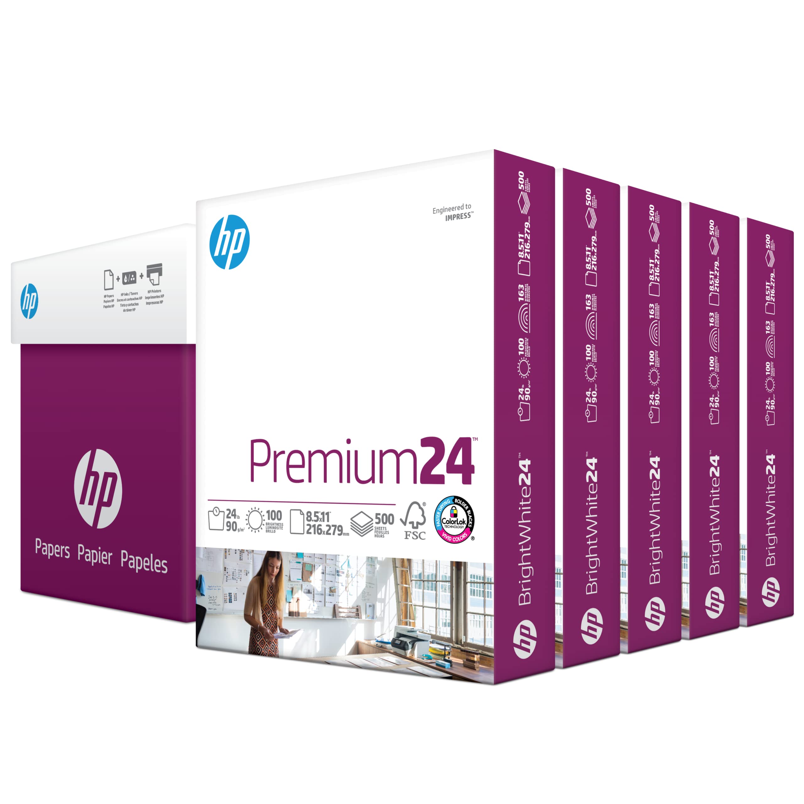 HP Premium 24 lb Printer Paper - 8.5 x 11 Inches, 5 Ream Case (2500 Sheets), 100 Bright, FSC Certified, Made in USA (115300C) - Ideal for Office Documents, School Projects, and Professional Printing
