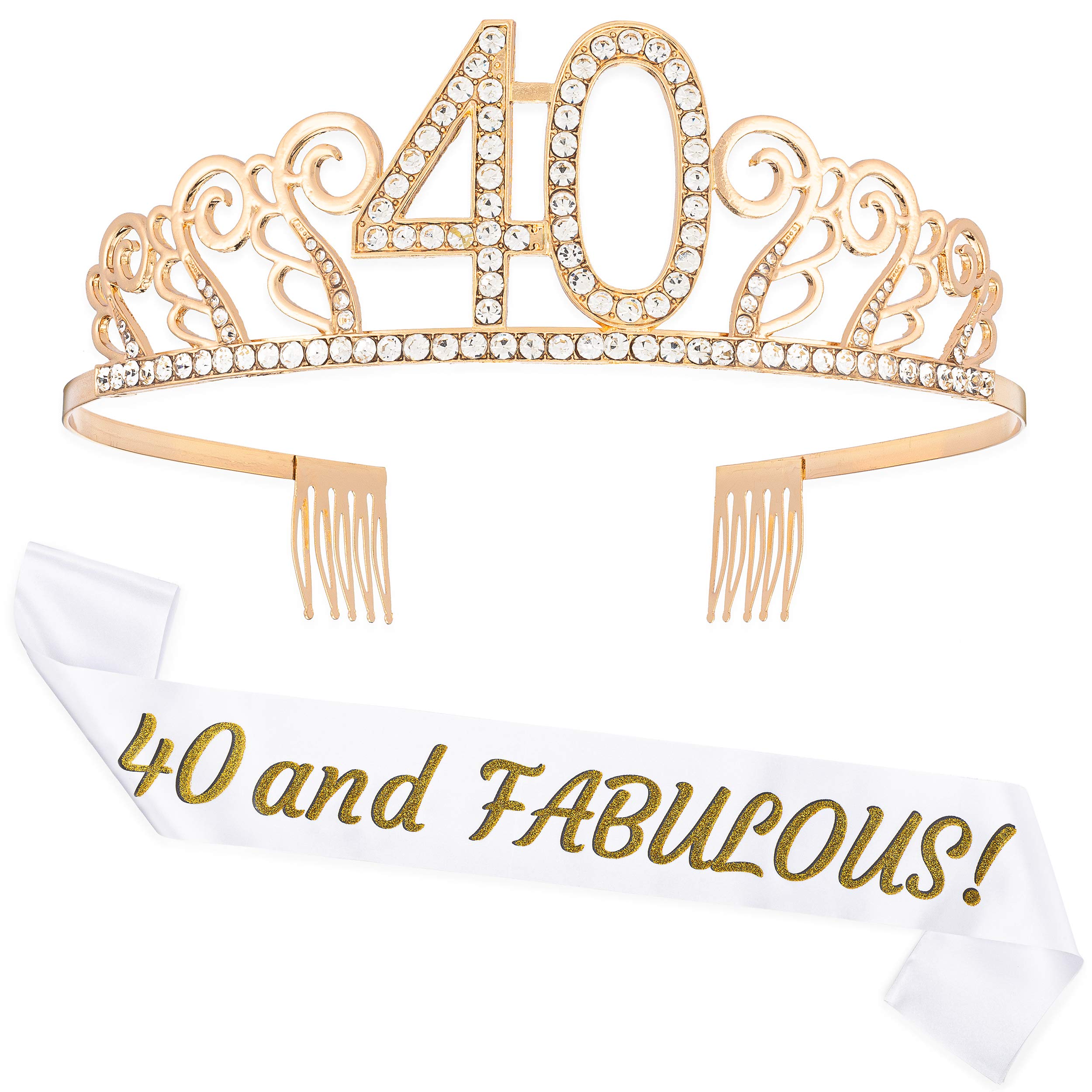 Zipoka 40th Birthday Sash & Crown Set for Women - Gold Glitter Birthday Party Accessories - Perfect 40th Birthday Gift & Decorations - Great for Birthday Parties, Milestone Celebrations & Photo Booths