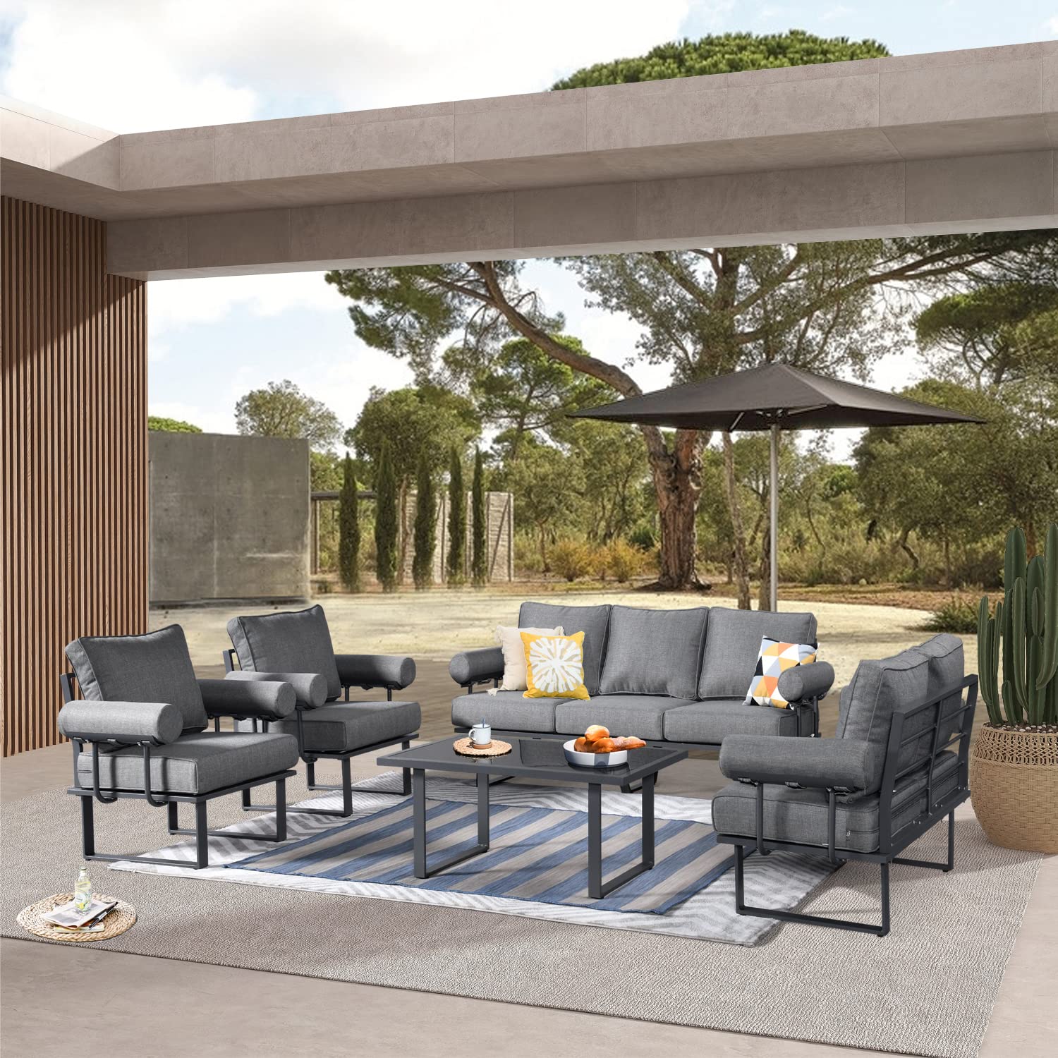 5-Piece Outdoor Patio Furniture Set - Modern Aluminum All-Weather Conversation Sofa with Cushioned Armrests & Coffee Table - Grey - Perfect for Backyard, Garden, Poolside & Terrace Relaxation