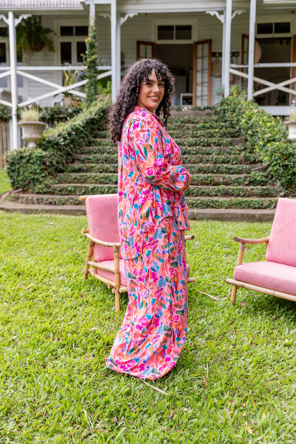 Kasey Rainbow Lana Shirt - Floral Print Women's Blouse | Perfect for Spring Outfits & Backyard Gatherings