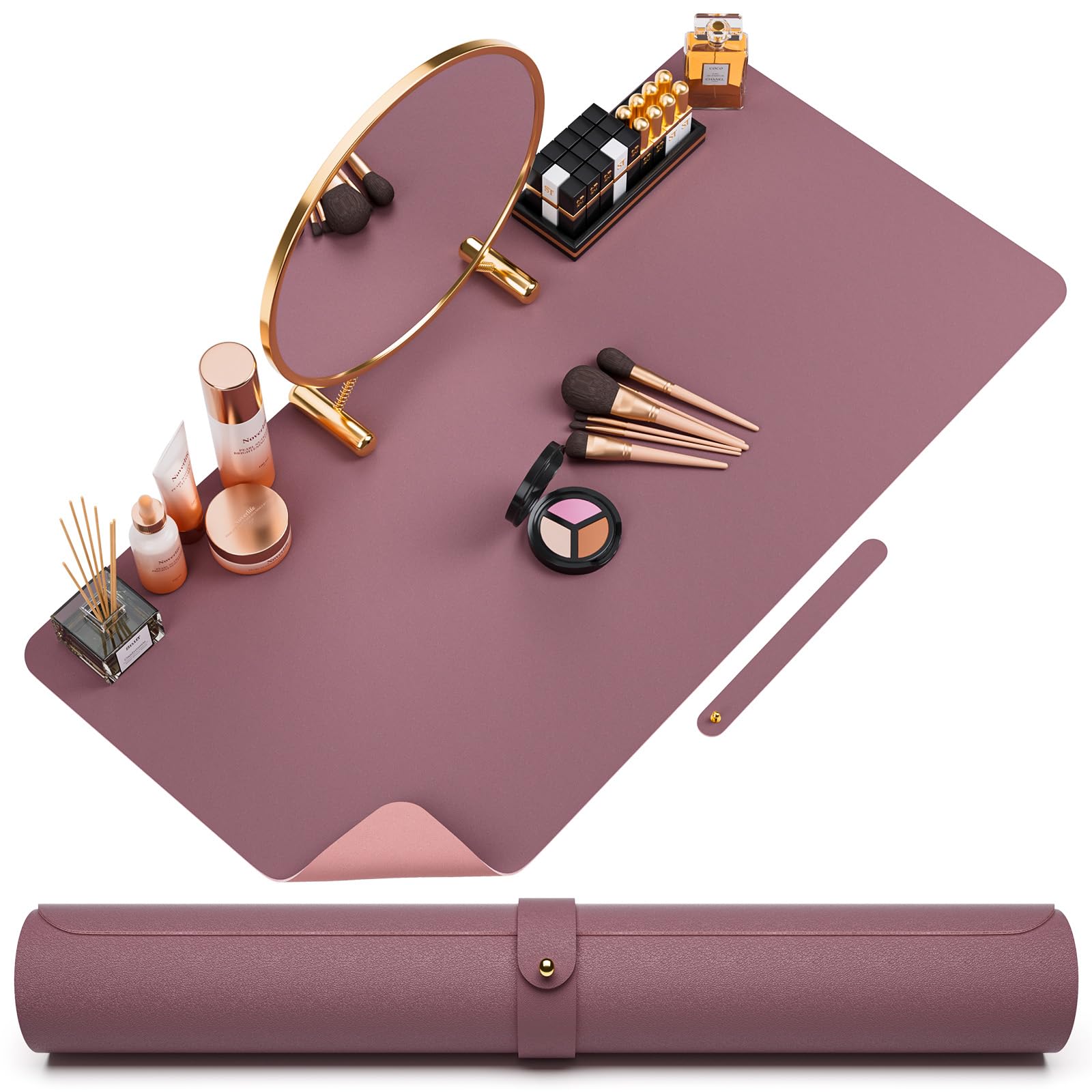Noverlife Large Leather Makeup Table Mat - 31.5x15.7 Inch Vanity Desk Cover, Easy Clean Counter Protector for Laptop, Writing & Crafts | Waterproof Desk Pad for Home & Office (Pink & Purple) | Perfect for Beauty Stations, Work Desks & Creative Spaces