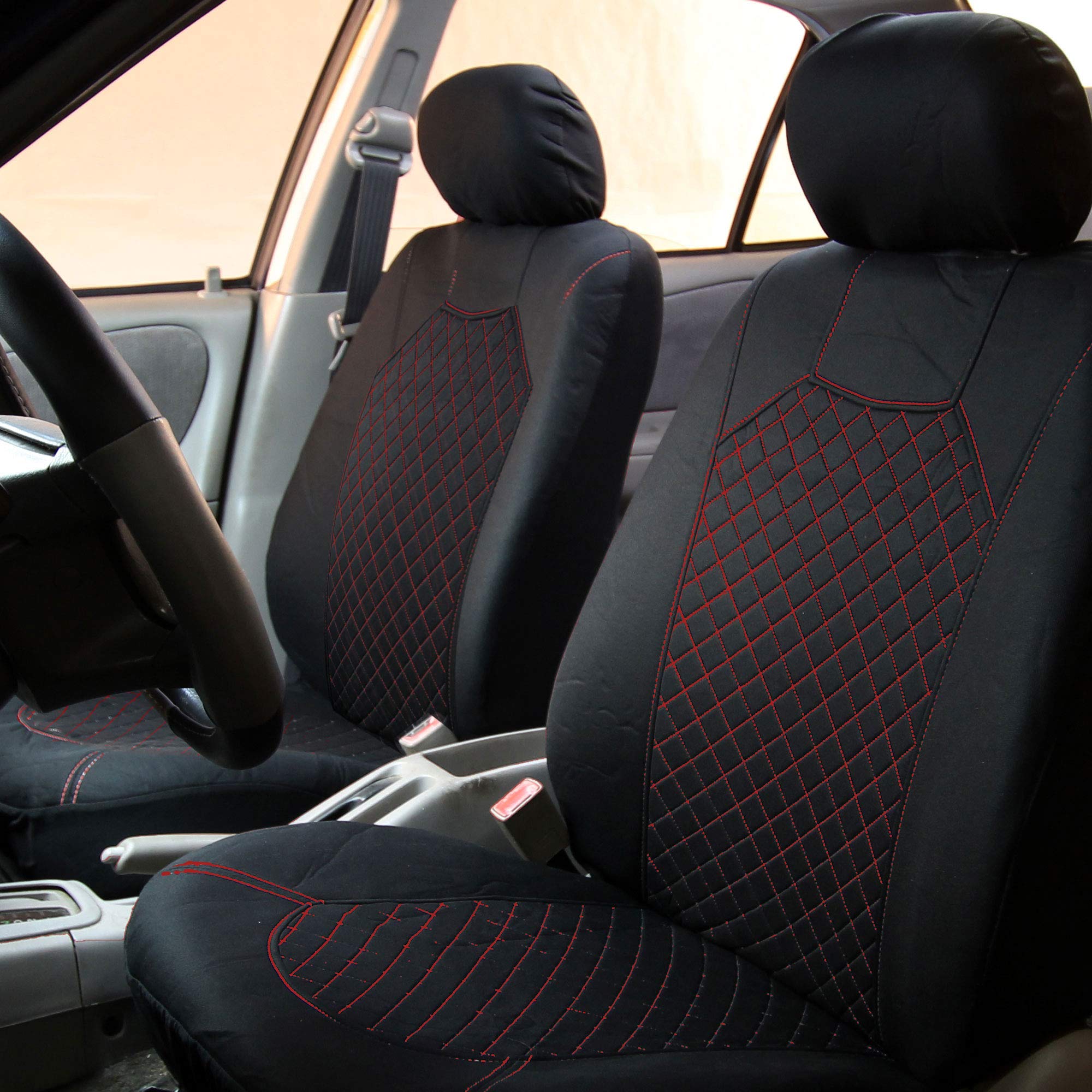 FH Group Quilted Flat Diamond Pattern Red & Black Cloth Car Seat Covers - Airbag Compatible, Universal Fit for Cars, Trucks & SUVs | Front Seat Only | Small Car Design | Perfect for Daily Commute & Road Trips