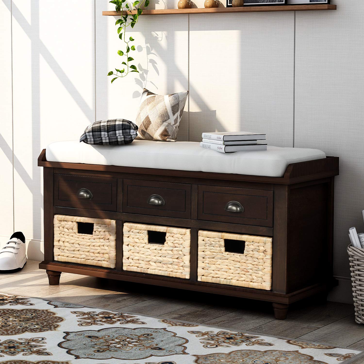 P PURLOVE Fully Assembled Wooden Storage Bench with 3 Drawers & 3 Baskets - Entryway Shoe Bench with Removable Cushion, Espresso Finish - Perfect for Living Room, Hallway, Bedroom & Mudroom Organization