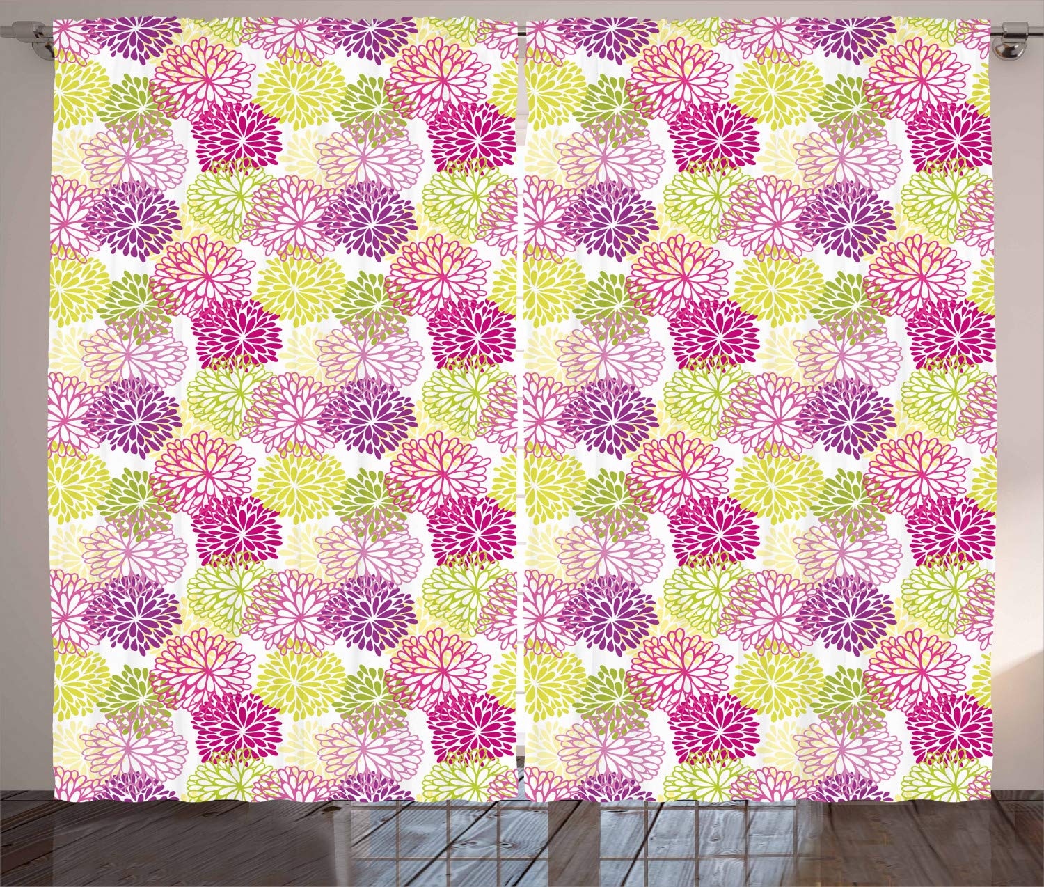 Ambesonne Floral Curtains - Vintage Abstract Design with Romantic Elements, Natural Scenes in Magenta Violet Green | 2 Panel Set 108