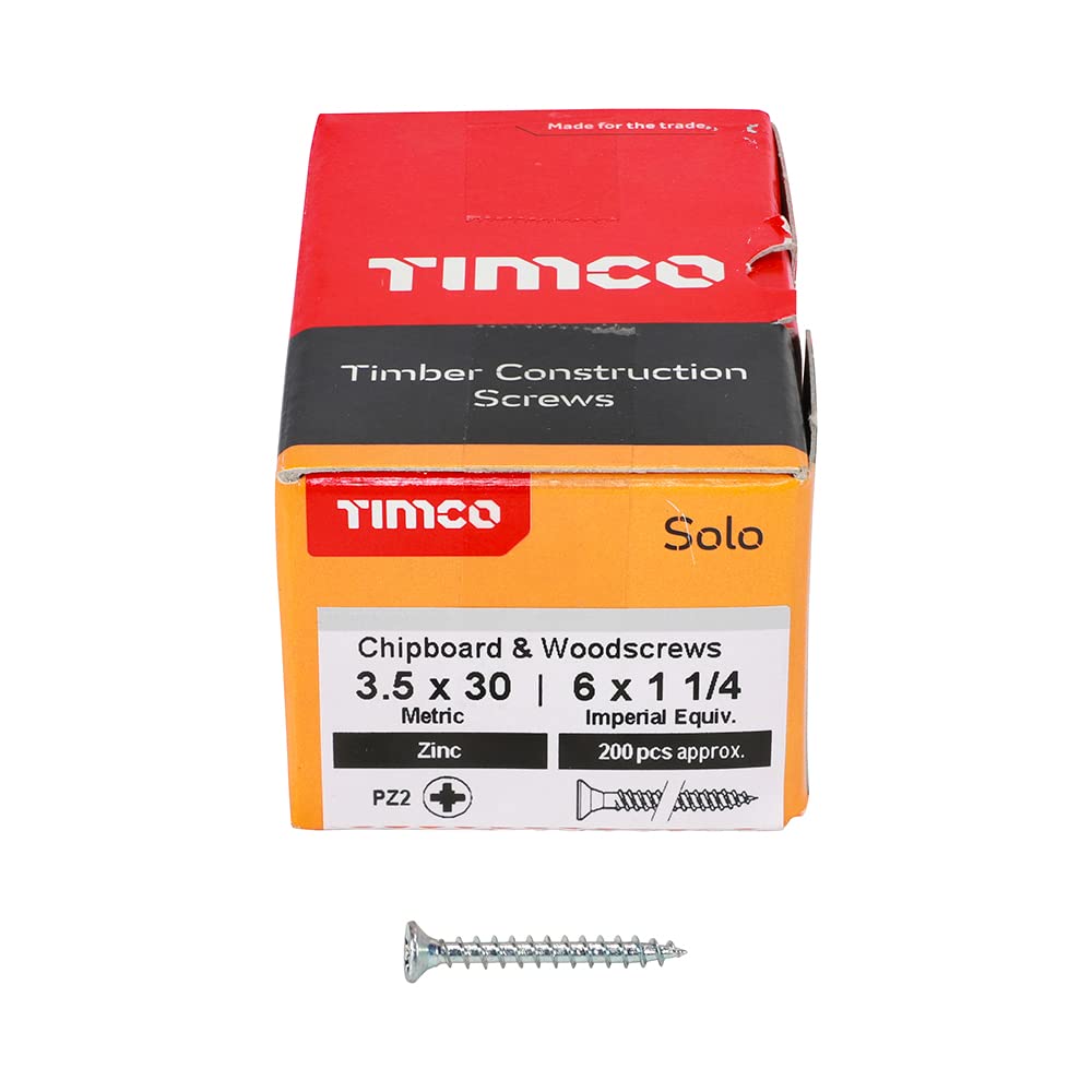 Timco 35030SOLOZ PZ2 CSK BZP Zinc Plated Solo Woodscrew 3.5x30mm (Box of 200) - Ideal for Woodworking, Furniture Assembly & DIY Projects