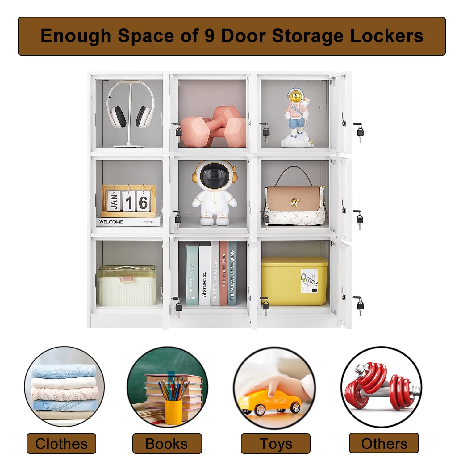 9-Door Metal Locker Storage Cabinet - Heavy Duty Steel Office Lockers with Key Lock & Ventilation - Secure Employee Storage for Office, School, Gym, Garage & Warehouse Organization