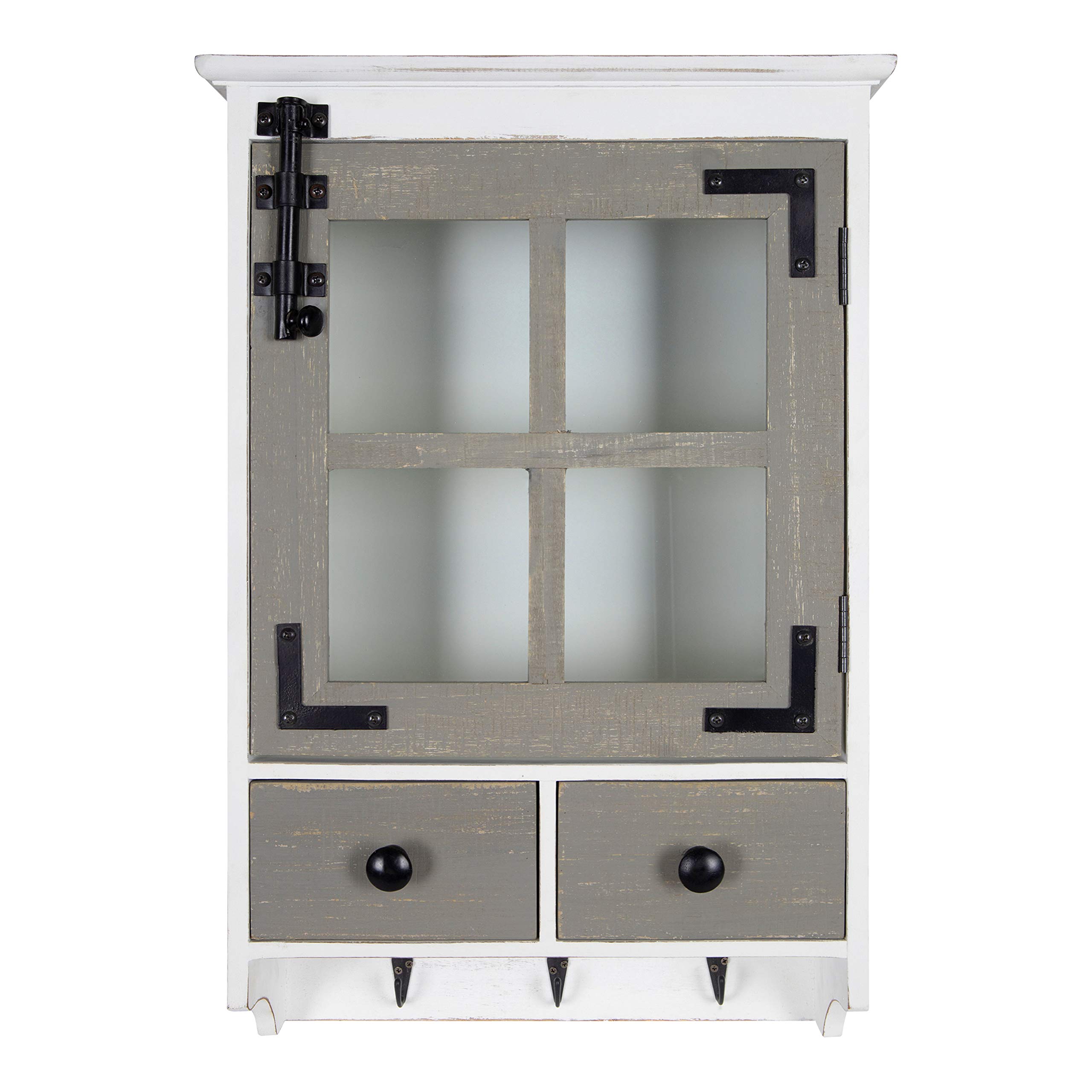 Kate & Laurel Hutchins Farmhouse Wall Cabinet - White & Gray Wooden Storage with Glass Door & 2 Drawers | Rustic Home Decor for Kitchen, Bathroom or Entryway Organization