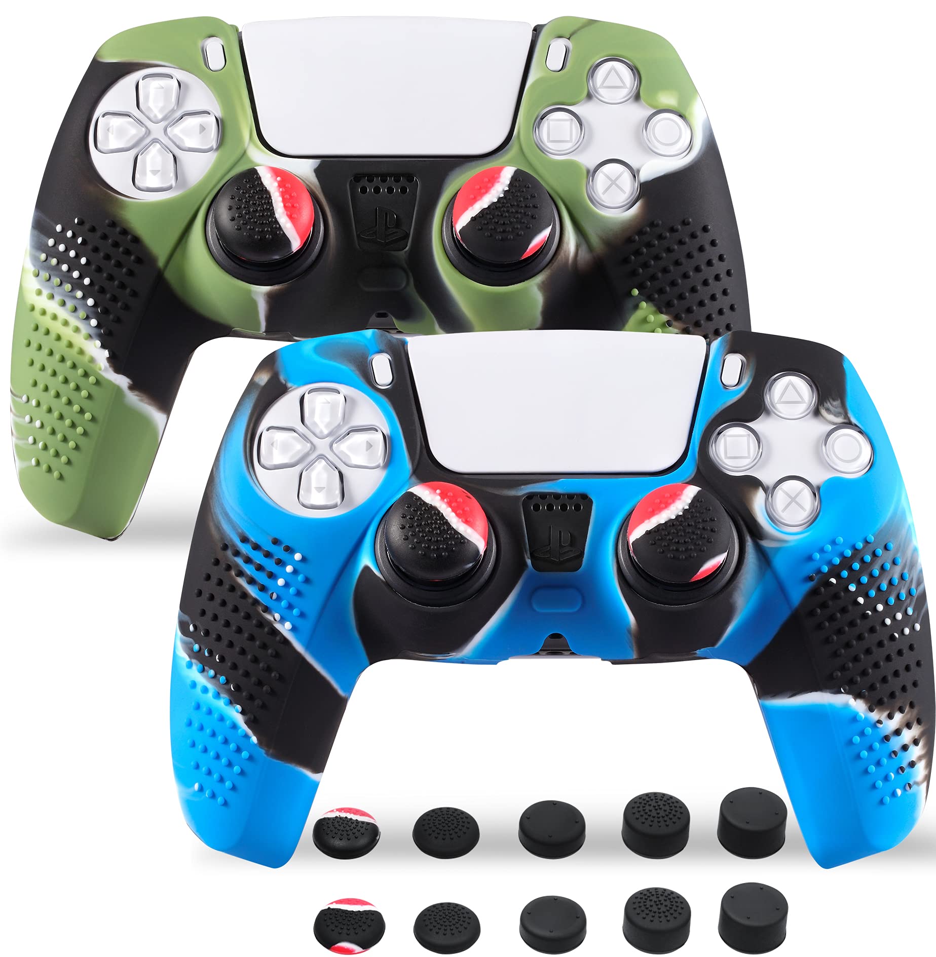 2 Pack Silicone Skins for PS5 DualSense Controller - Anti-Slip Protective Cover with 10 FPS PRO Thumb Grips | Compatible with Sony PlayStation 5 | Camouflage Blue & Olive | Perfect for Gaming, Travel Protection & Enhanced Grip