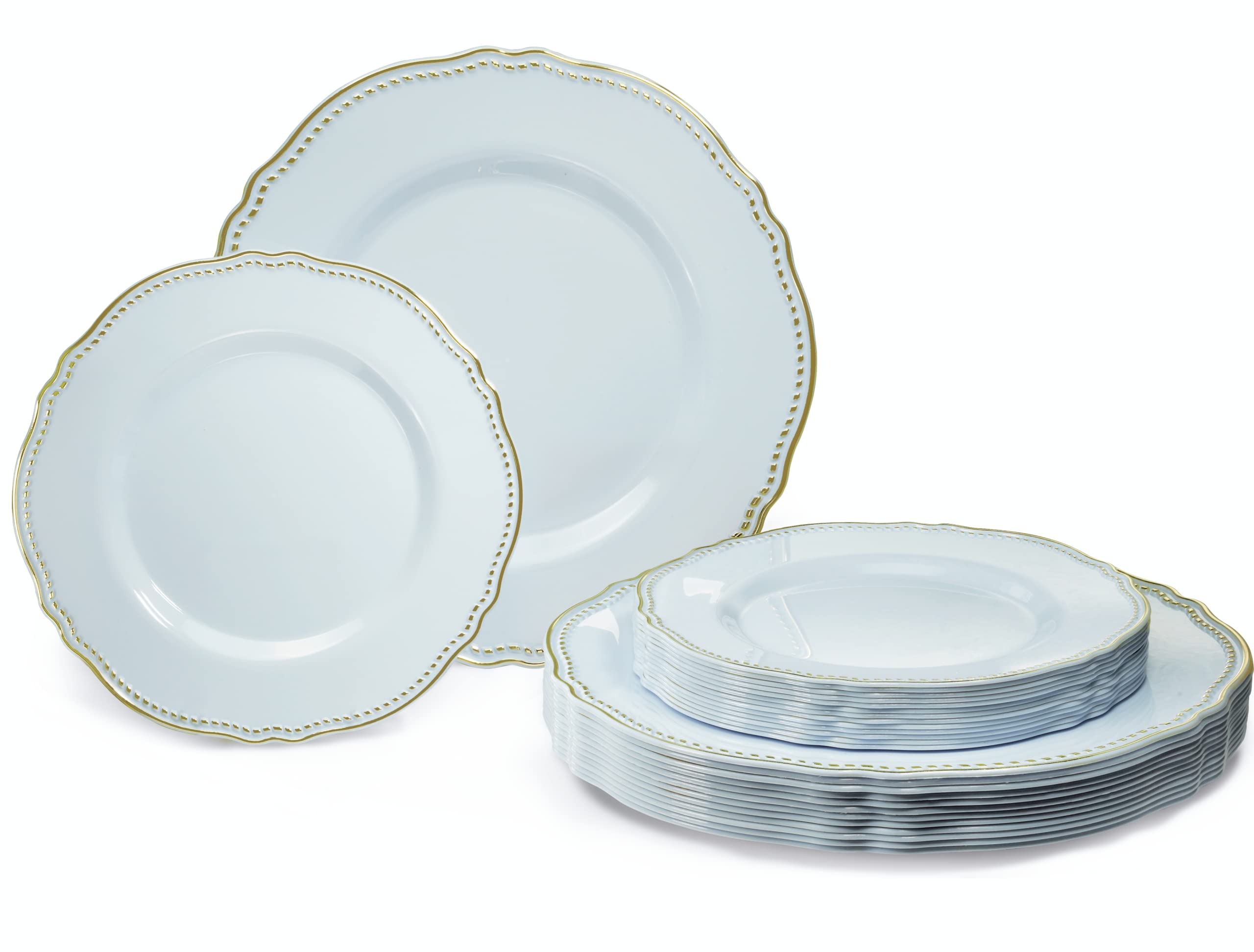 240-Pack Heavyweight Premium Disposable Plastic Plates Set - 120 x 10.25'' Dinner Plates & 120 x 7.5'' Salad/Dessert Plates (Rochelle Blue and Gold) for Parties, Weddings, and Events