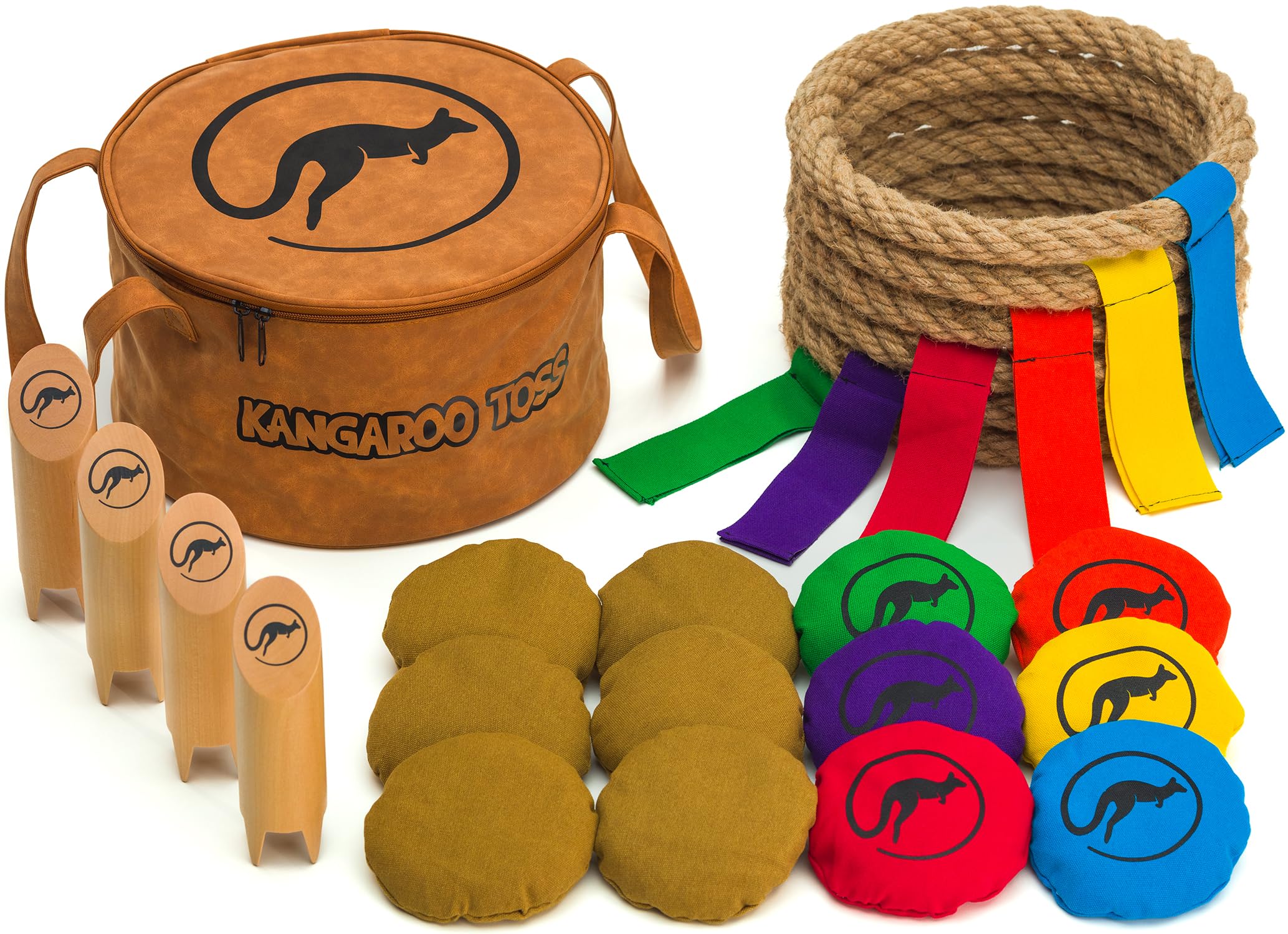 Kangaroo Toss Game Set - Official Outdoor Yard & Beach Game for Adults & Family - Perfect for Backyard, Lawn, Camping, Picnics & Tailgating - Includes Ladder Toss, Bocce & Cornhole Accessories
