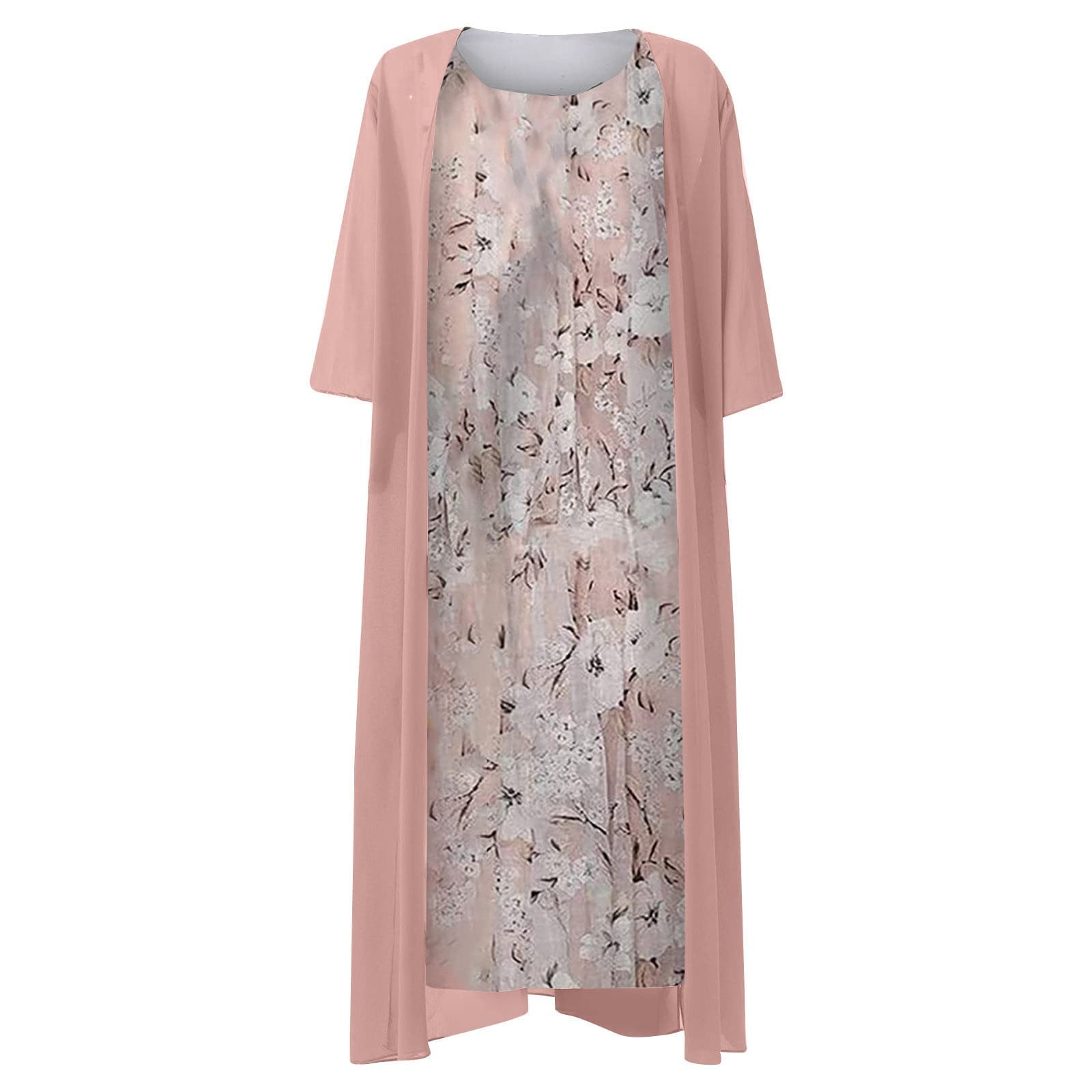 AMhomely Women's Two Piece Floral Print Summer Dress Set - Chiffon Sleeveless Maxi Dress with Cardigan | Elegant Wedding Guest Outfit, Mother of The Bride Dress, Beach Vacation & Garden Party Attire