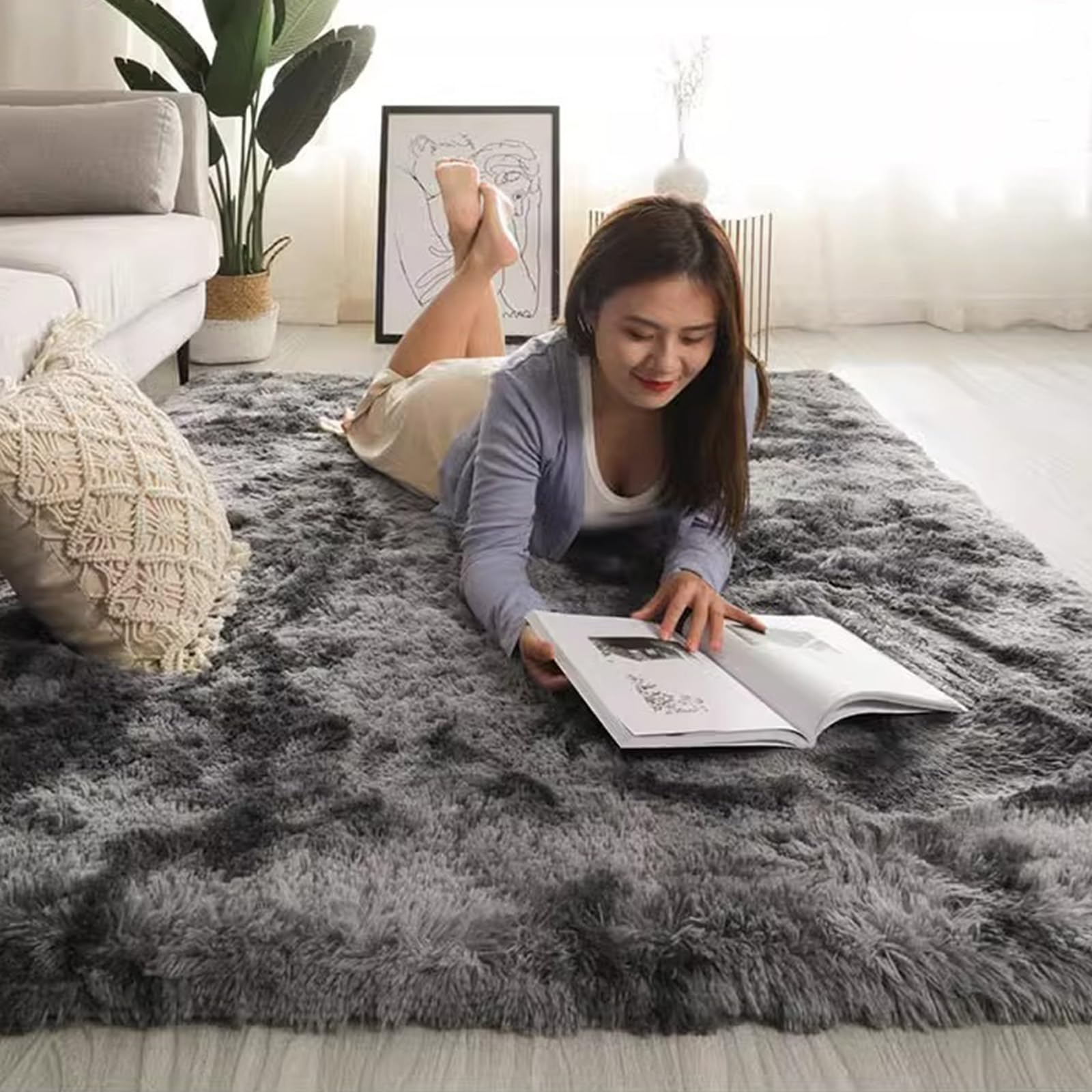 Meiju Modern Soft Fluffy Area Rug for Living Room & Bedroom - Non-Slip Washable Long Pile Carpet in Solid Black (80x120cm) - Perfect for Kids Room Decor, Nursery, and Cozy Home Spaces