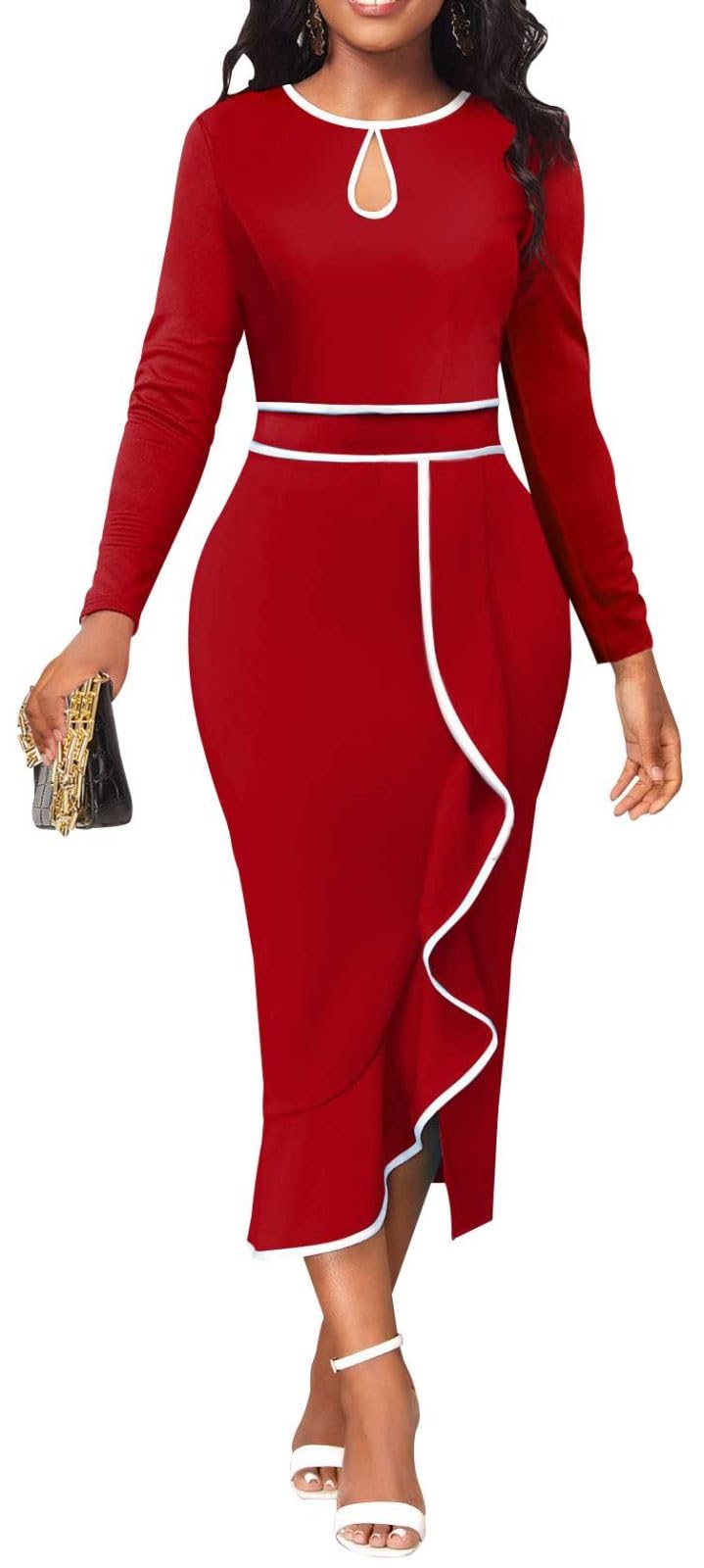 Elegant Women's Bodycon Long Sleeve Wrap Dress - Ruched Business Work Pencil Dress with Side Split & Sheath Midi Length | Perfect for Church, Office, Cocktail Parties & Formal Events