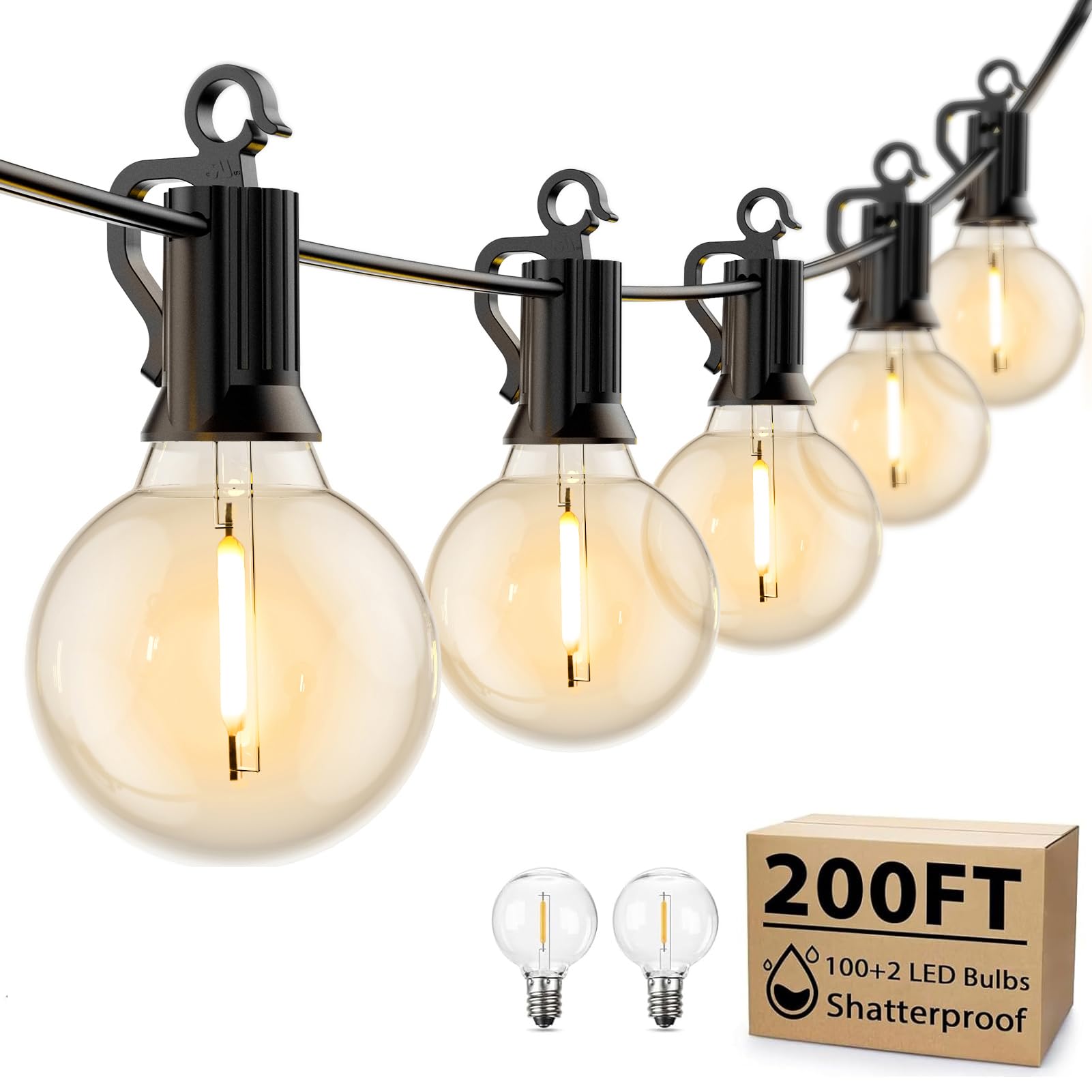 Brightown Outdoor String Lights - 2 Pack 100 Ft Commercial Grade Waterproof Connectable Patio Lights with 50 G40 Shatterproof Bulbs for Backyard, Bistro, Porch, Cafe | Perfect for Weddings, Parties & Outdoor Decor