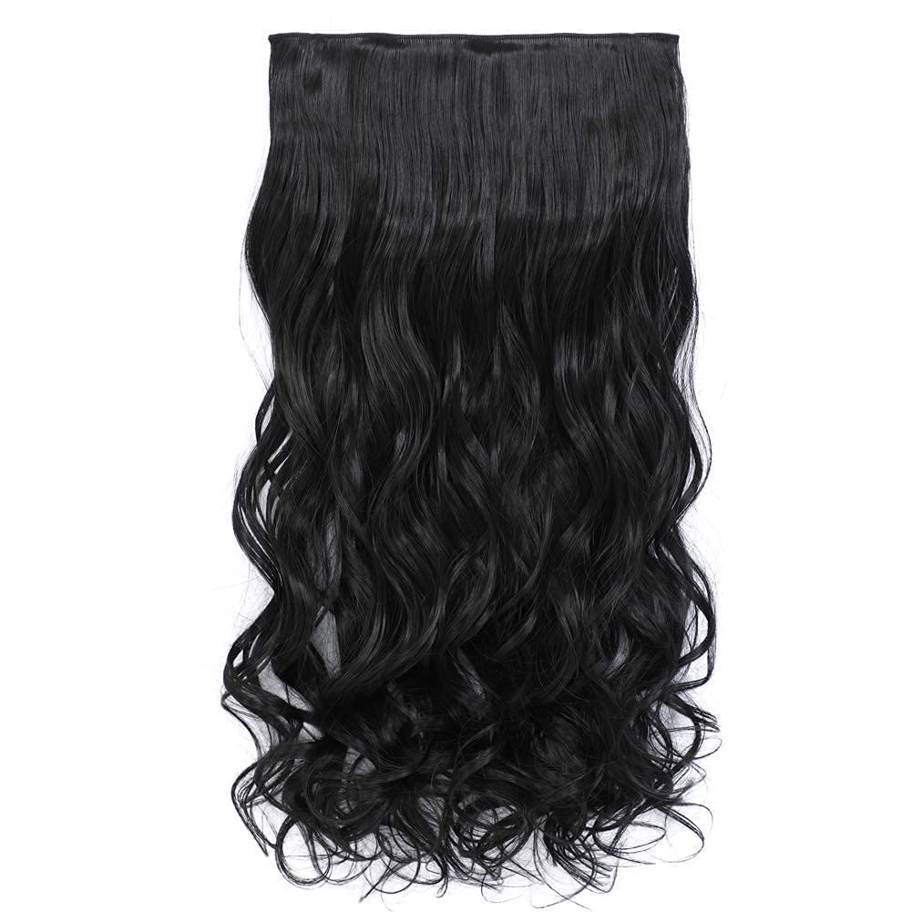 VIEWS 5 Clips ¾ Head 22 Inch Human Hair Extensions for Women - Wavy/Curly Black Hair Weft for Instant Length & Volume - Perfect for Parties, Weddings & Daily Styling