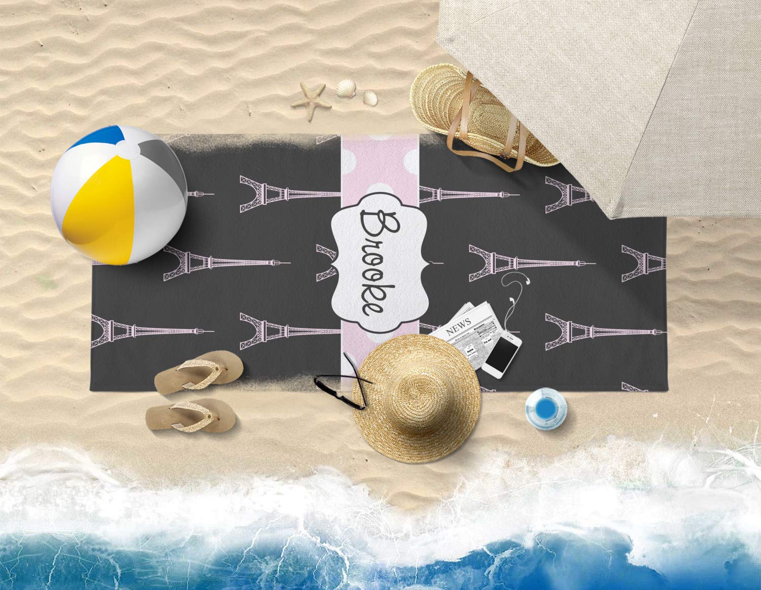 Personalized Black Eiffel Tower Beach Towel - Large Soft Quick Dry Towel for Pool, Beach, Vacation & Travel Gifts