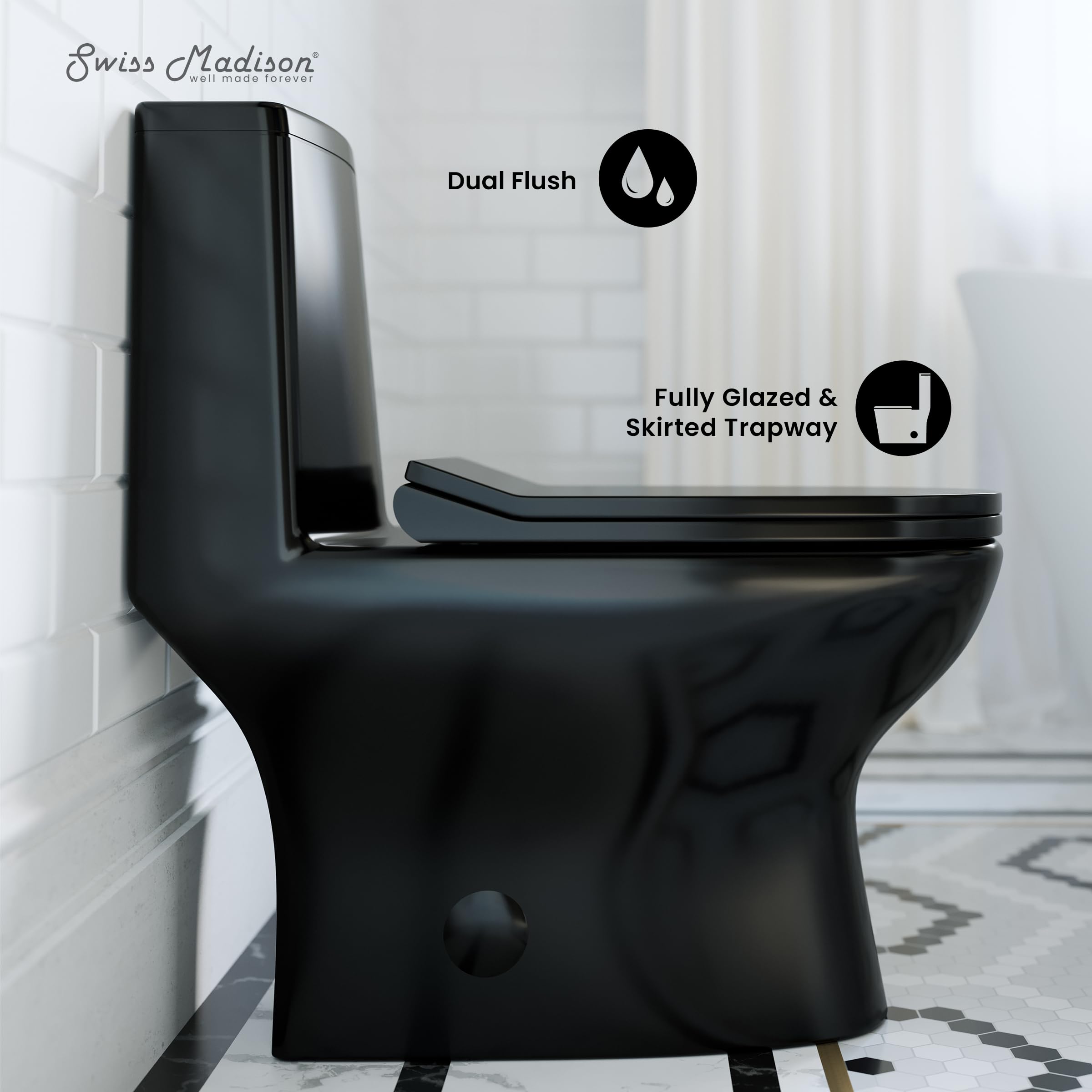 High-Efficiency Ivy One Piece Toilet with Dual Vortex Flush - 1.1/1.6 GPF Water Saving, Glossy Black - Perfect for Modern Bathrooms & Eco-Friendly Homes