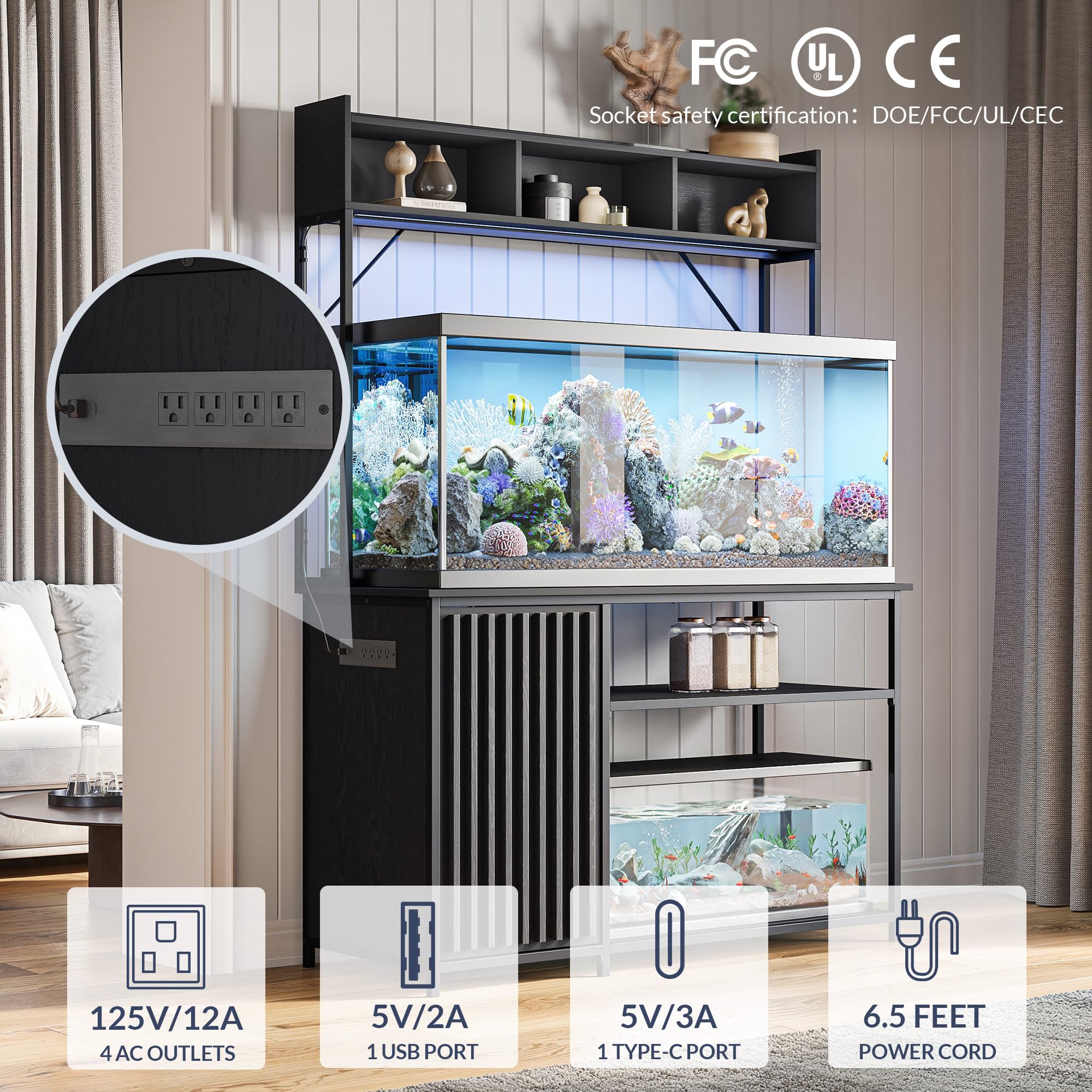 BELLEZE 55-90 Gallon Heavy Duty Aquarium Stand with LED Lights & Power Outlets - Fluted Cabinet for Fish Tank Accessories Storage, 1200 LBS Capacity - Perfect for Turtle Tanks, Reptile Terrariums & Home Aquarium Setups (Black Ebony)