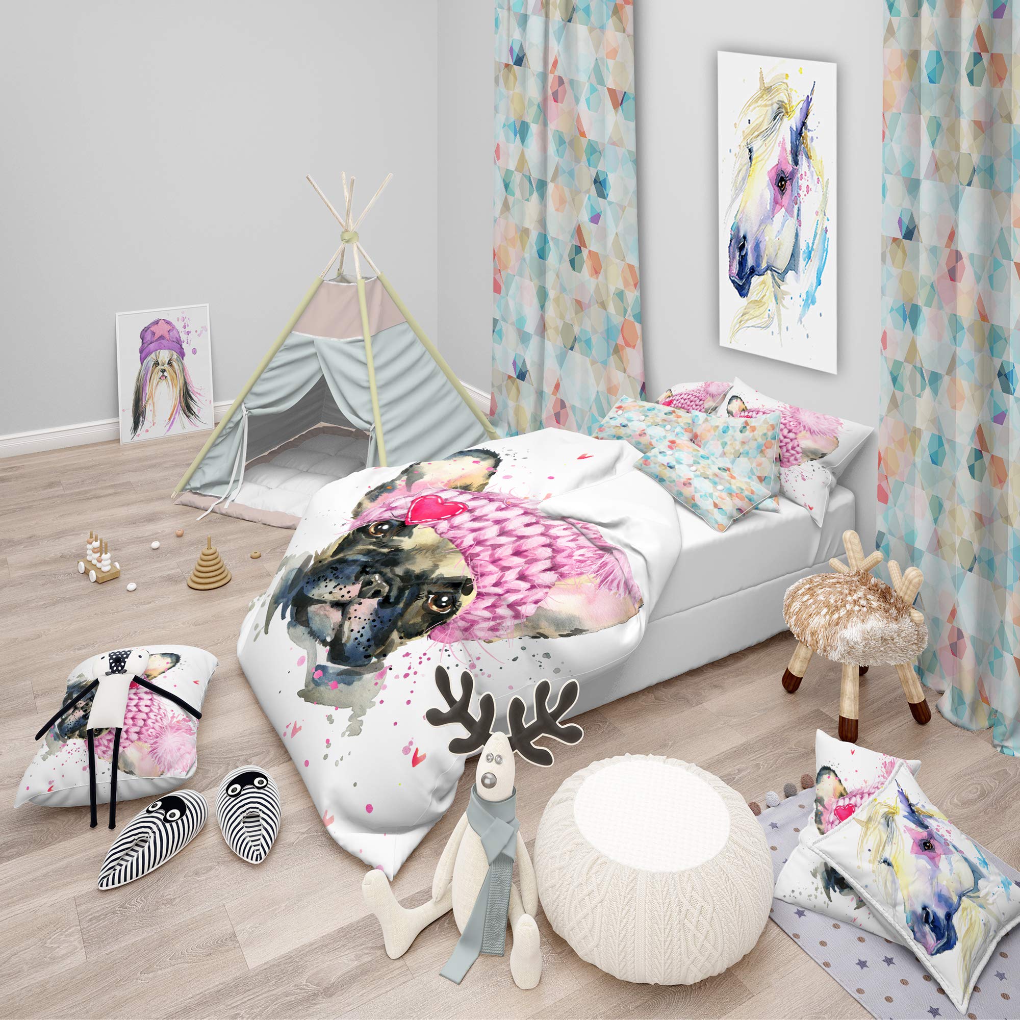 French Bulldog Duvet Cover Set with Pink Hat - 3 Piece Twin Size Animal Print Bedding Set for All Seasons | Cozy & Cute Home Decor for Kids, Teens & Pet Lovers