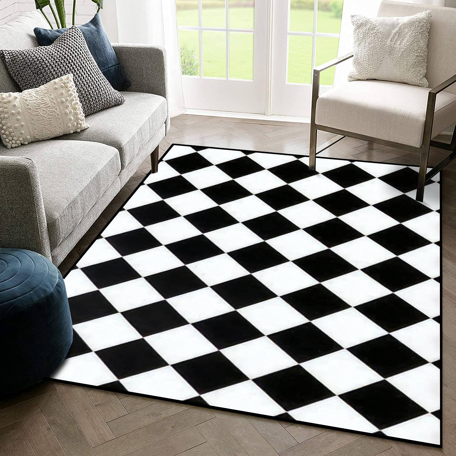 Black and White Checkered Non-Slip Area Rug - Indoor/Outdoor Soft Floor Mat for Living Room, Coffee Table, Patio & Home Decor | Perfect for Home, Office, Dorm & Gift Giving