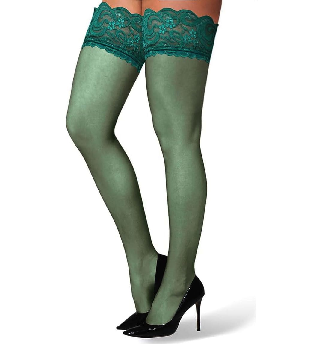 Sexy Women's Lace Top Thigh High Stockings - Silicone Stay-Up Silky Semi-Sheer Pantyhose for Valentine's Day, Date Night & Bridal Lingerie
