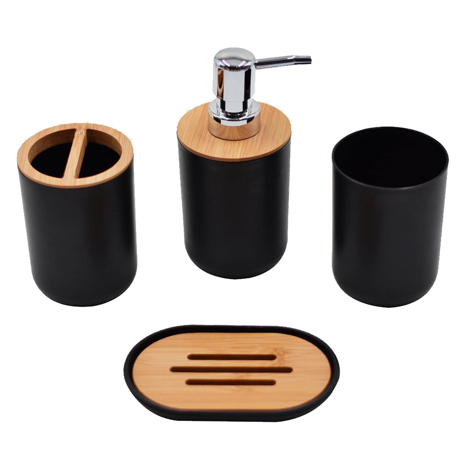 4-Piece Plastic Bathroom Accessories Set - Includes Lotion Bottles, Toothbrush Holder, Cup & Soap Dish | Modern Home Decor for Bathroom Organization | Perfect for Housewarming Gifts & Apartment Essentials