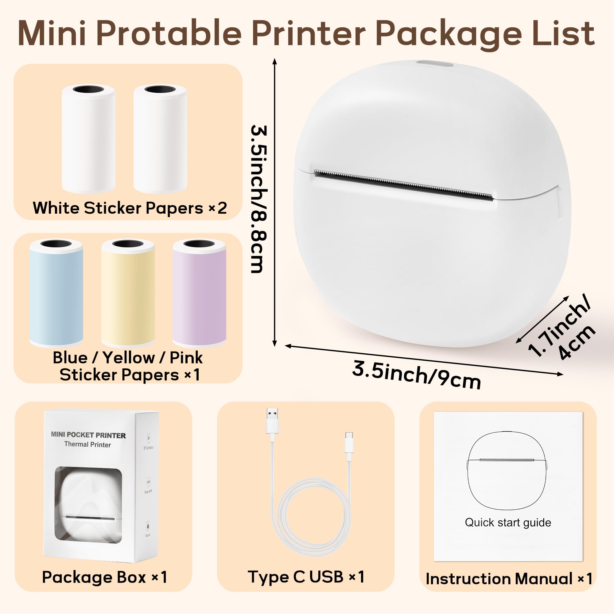 Mini Thermal Sticker Printer - Portable Bluetooth Photo & Label Maker for iOS/Android - Wireless Pocket Printer with 5 Sticker Rolls, Inkless Memo Maker for Home, Office & Travel (White)