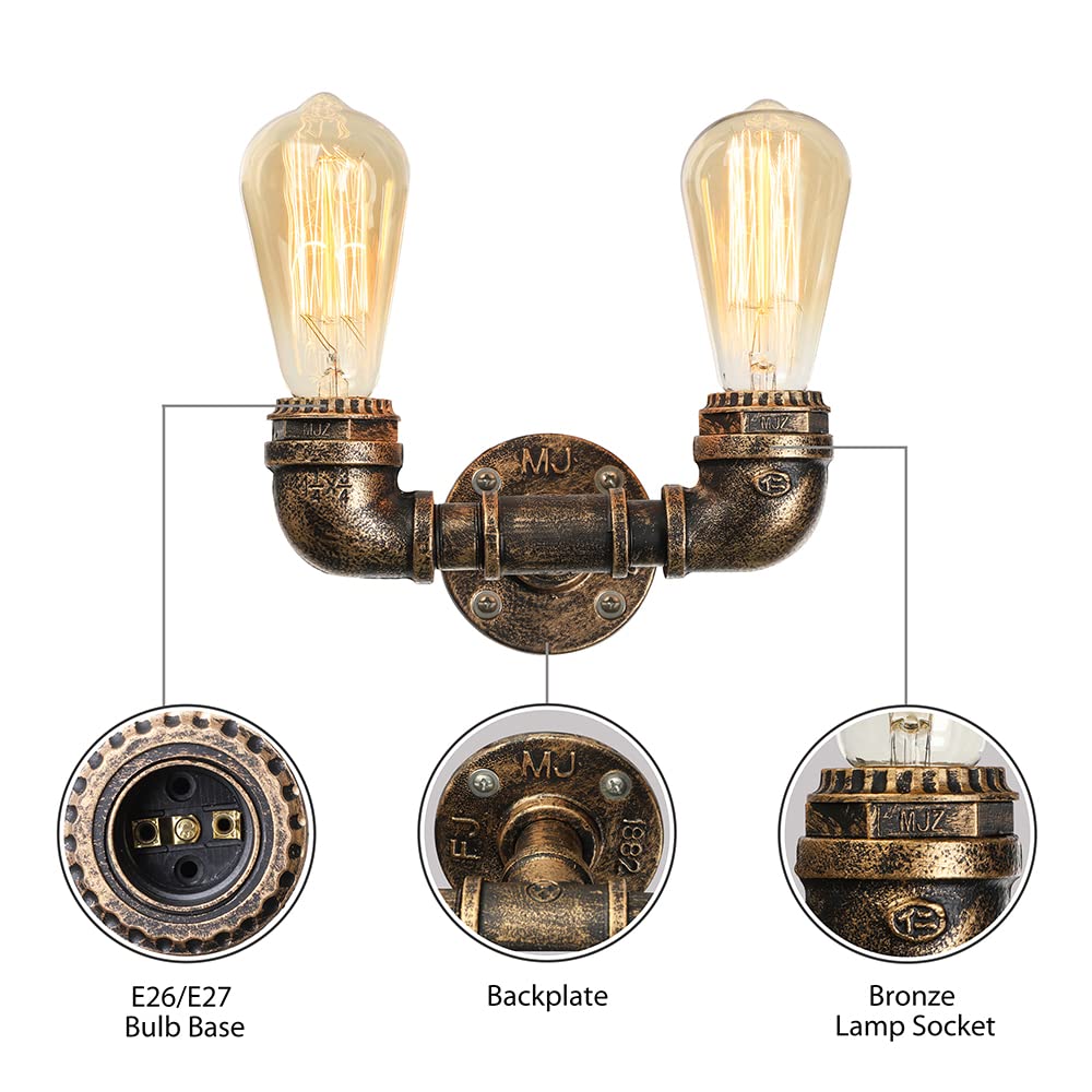 NIUYAO Industrial Retro Steampunk Wall Sconce - Antique Bronze Metal Water Pipe Style Wall Lamp with 2 Lights (424114) - Perfect for Living Room, Bedroom, or Cafe Decor