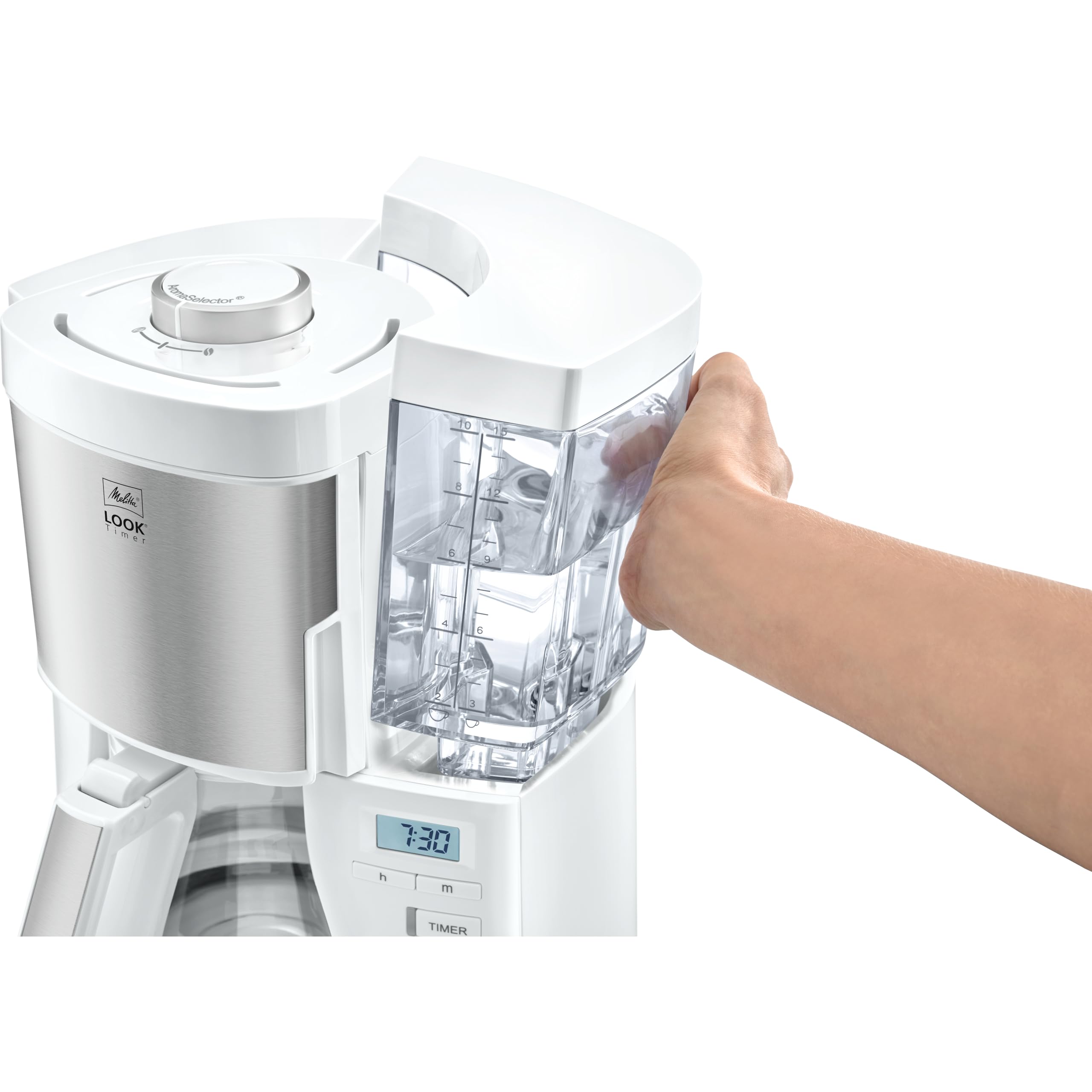Melitta Look V Filter Coffee Maker with Timer & White Glass Carafe - Perfect for Home, Office, and Breakfast Time