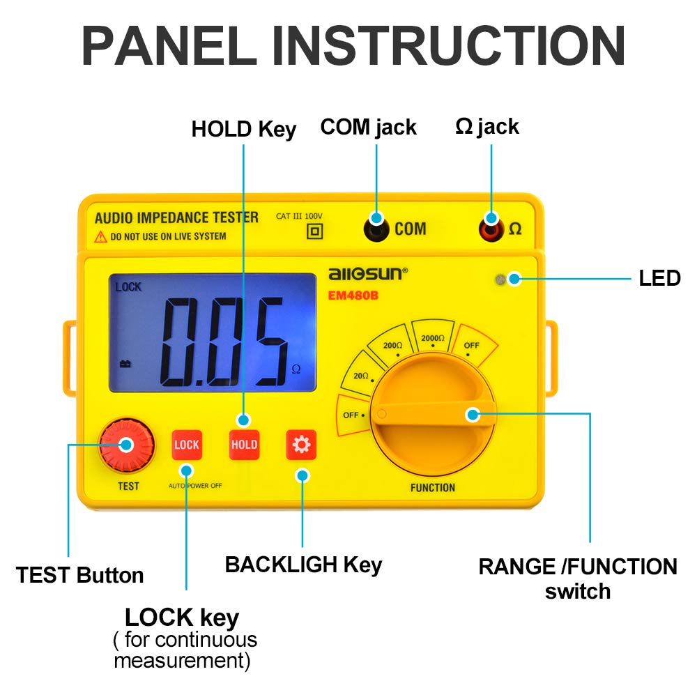 Allsun EM480B Digital Insulation Resistance Meter - Handheld Megohmmeter with LCD Backlight for Electrical Testing - Earth Audio Impedance Tester (Yellow) - Perfect for Home, Industrial & DIY Electrical Safety Checks