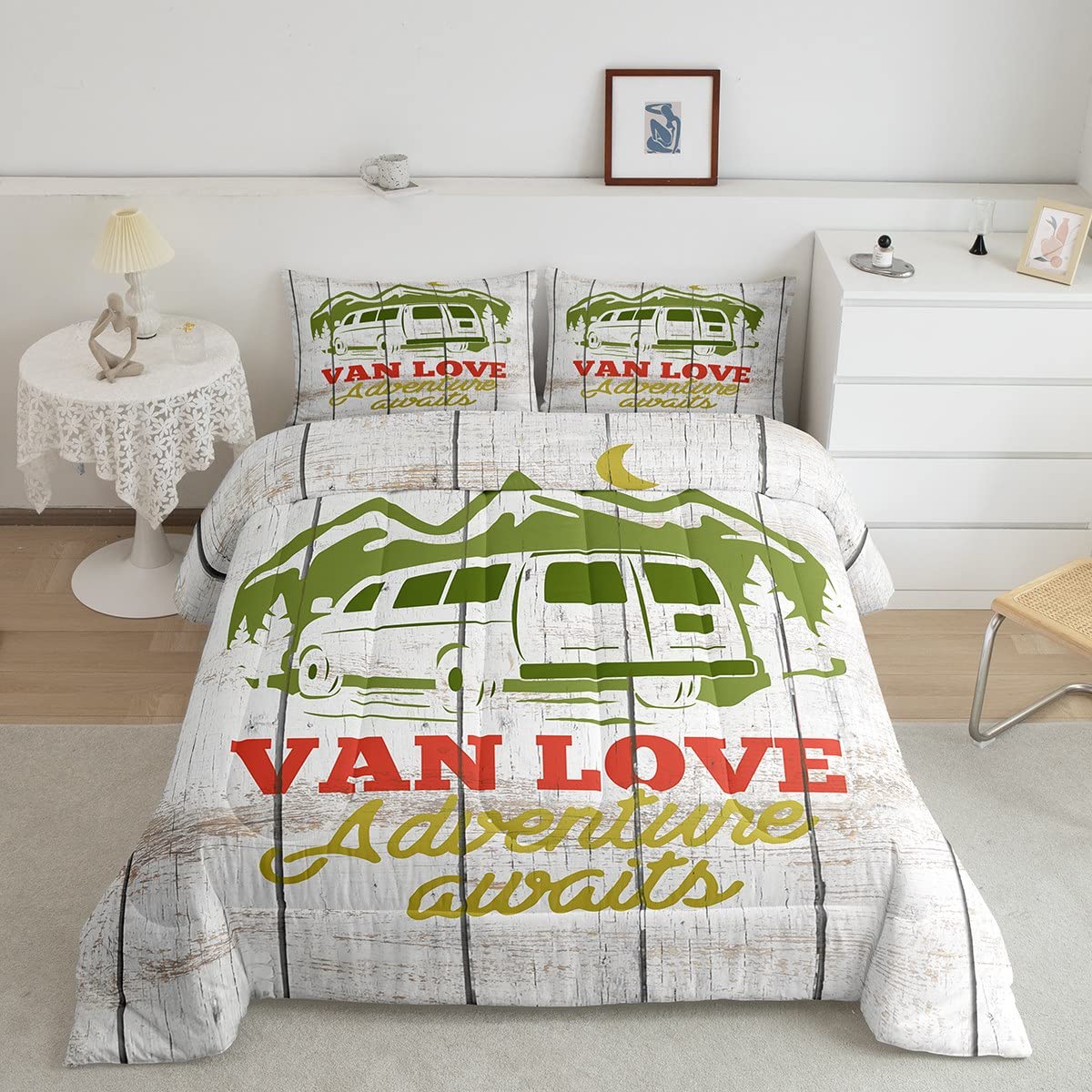 Happy Camping Theme Kids Full Bedding Set - Rustic Van Comforter for Boys & Girls, Soft & Cozy Quilted Farmhouse Travel Bedding, Perfect for Camping Trips & Themed Room Decor