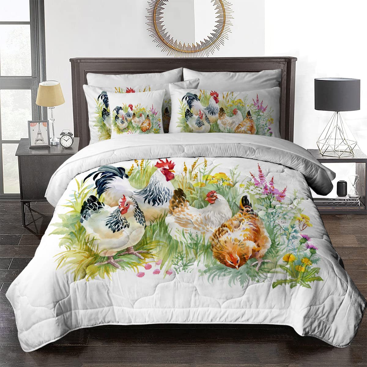BlessLiving Farmhouse Chicken and Rooster Comforter Set - 8 Piece Full Bed in a Bag with Lightweight Comforter, Sheets, Pillowcases, Shams & Cushion Cover | Shabby Chic Bedding for Country Style Bedrooms, Guest Rooms & Farmhouse Decor