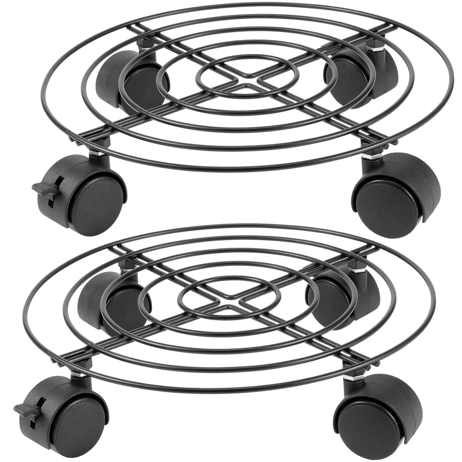 KEILEOHO 2 Pack 10.6 Inch Heavy Duty Rolling Plant Caddy with Wheels - Metal Plant Stand for Indoor Outdoor Garden, Patio, Living Room - Black (Perfect for Moving Large Potted Plants Easily)