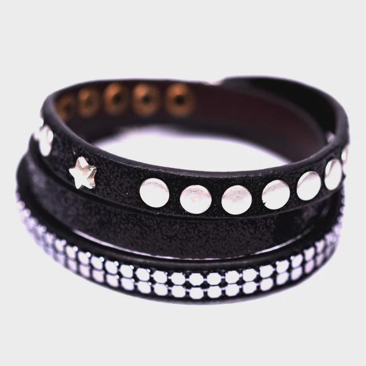 Fabucci Black Studded Wrap Bracelet for Women - Stylish Punk Gothic Boho Handmade Jewelry - Perfect for Parties, Concerts & Everyday Wear