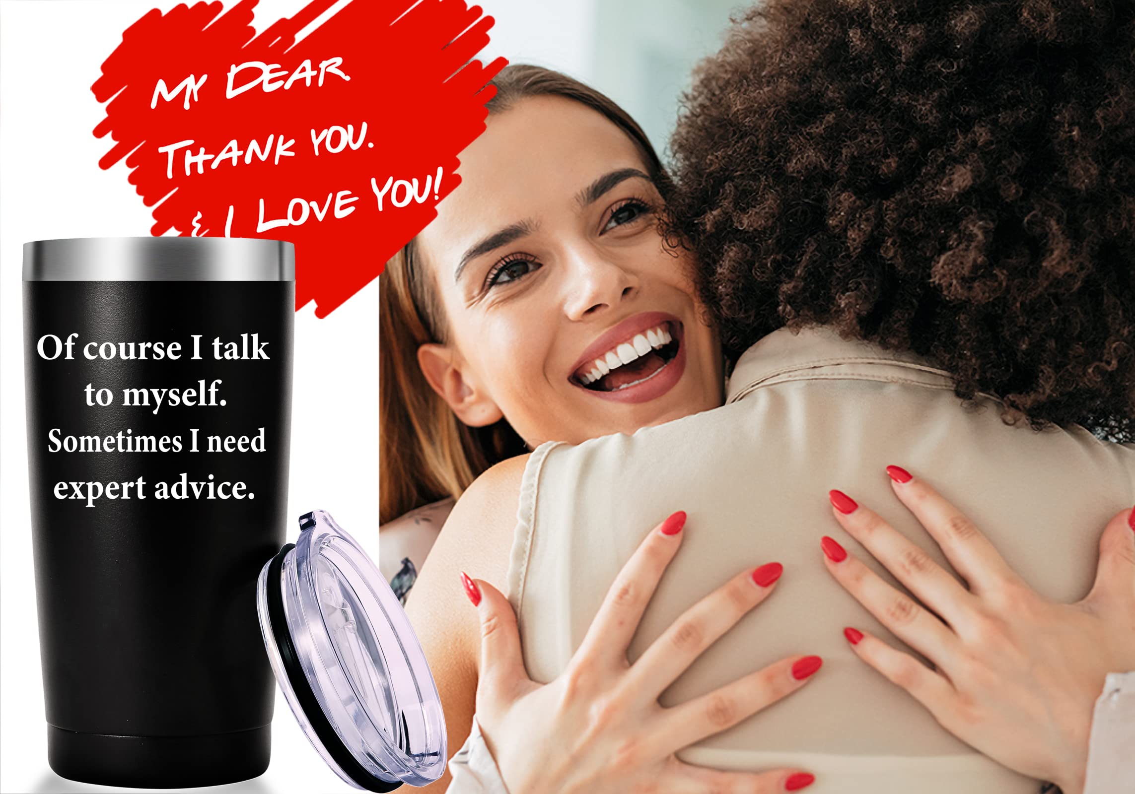 AMZUShome 'Of Course I Talk To Myself' 20oz Travel Mug - Funny Insulated Tumbler with Motivational Quote, Perfect Gift for Mom, Dad, Brother, Sister, Boyfriend, Girlfriend, Husband or Wife - Great for Birthday, Christmas & Everyday Use - Ideal for Coffee, Tea & Hot/Cold Drinks at Home, Office or Commute (Black)